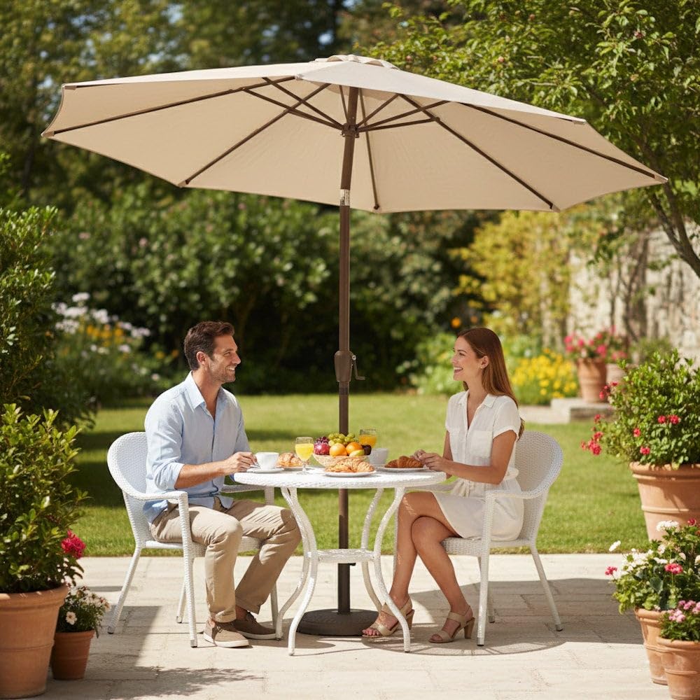 LOLAhome Parasol +RESISTENTE, circular, mástil inclinable Ø38mm de aluminio, con Antiviento y Manivela, Elegante y Duradero, tratamiento Anti-corrosión, Para Exterior, Jardín - Tessa Alba