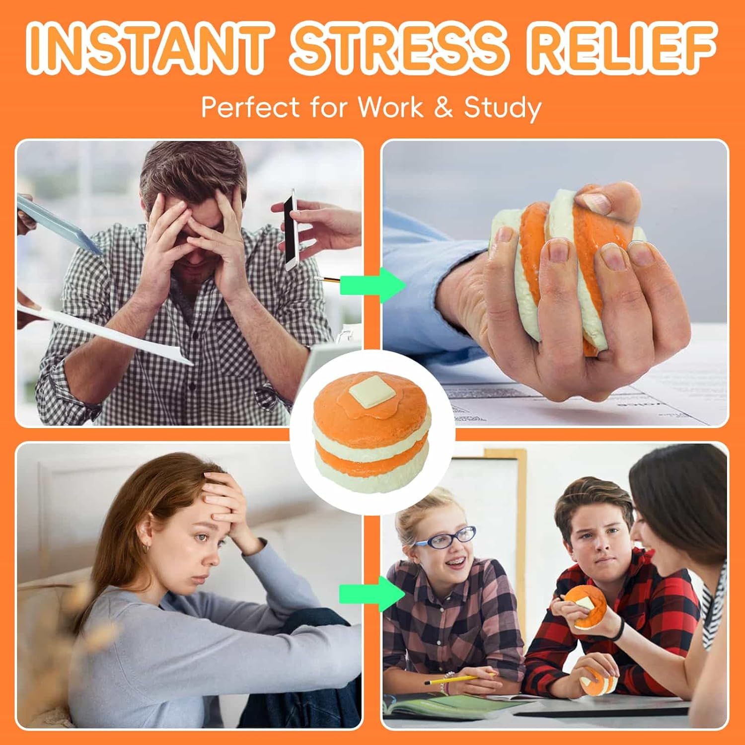 Jumbo Pancake Stack Squishy Toy, Slow Rising Stress Relief Squeeze Realistic Food Replica with Butter Detail Orange and Cream Decorative Play Food Premium Silicone Handmade Keychain Gift for Adults