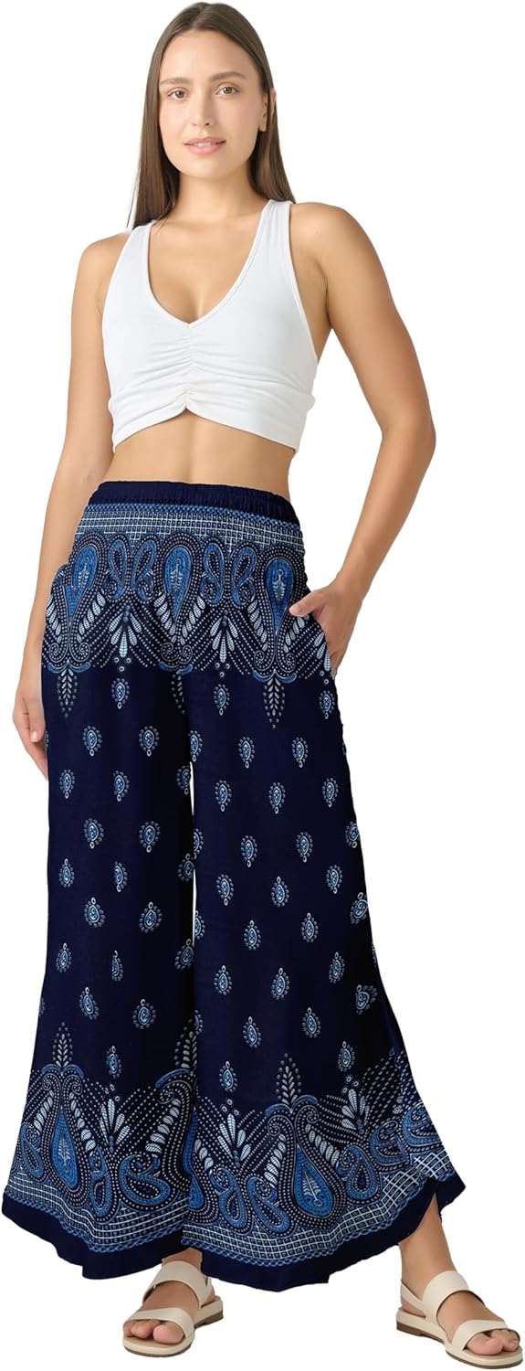 Joob Joob Palazzo Pants for Women - Boho Flare Leg Wide Summer Pant Women - Harem Waist Flowy Bottoms with Pockets - Image 5