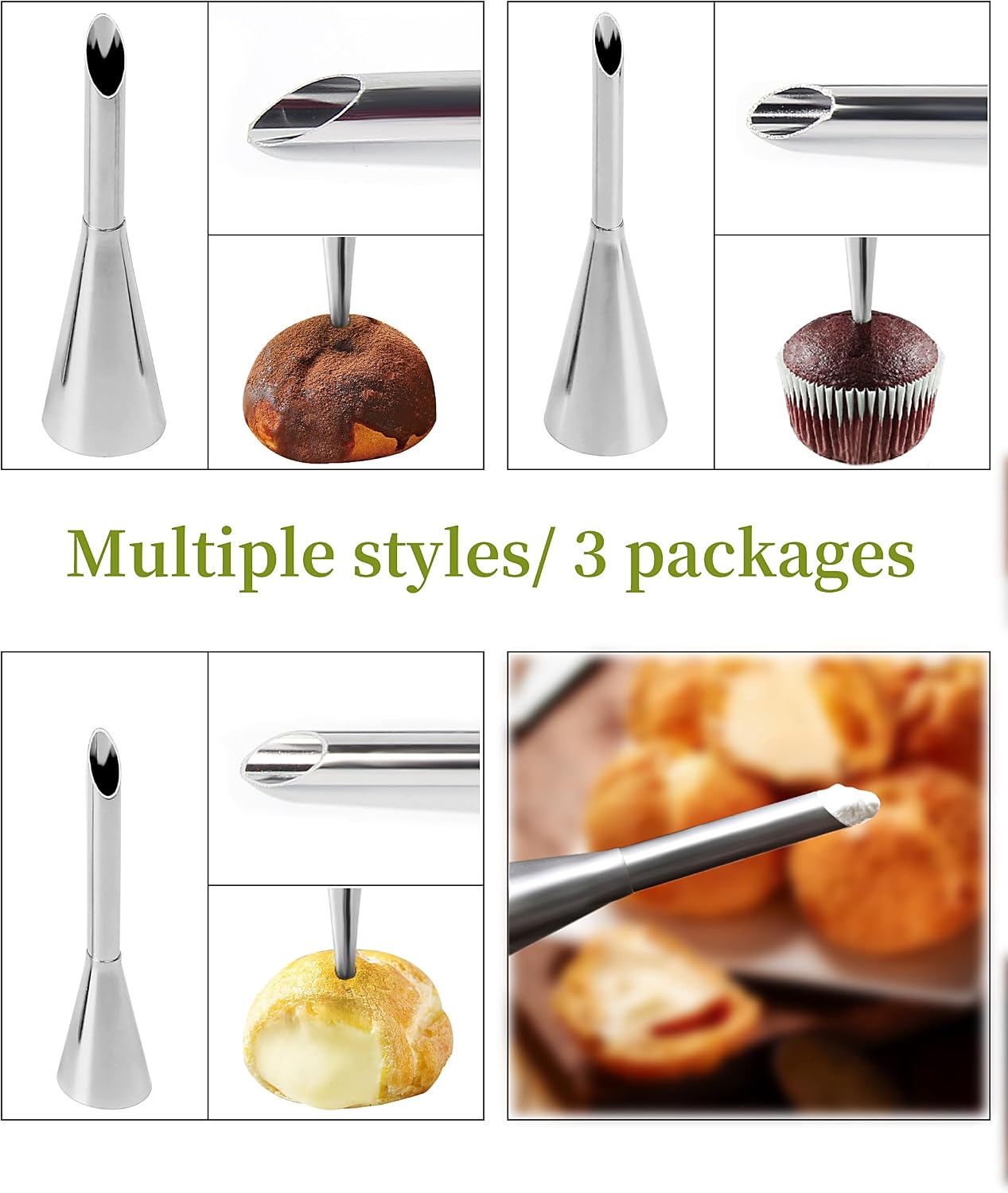 3 Pcs Long Cream Puff Piping Nozzles, Stainless Steel Icing Tips