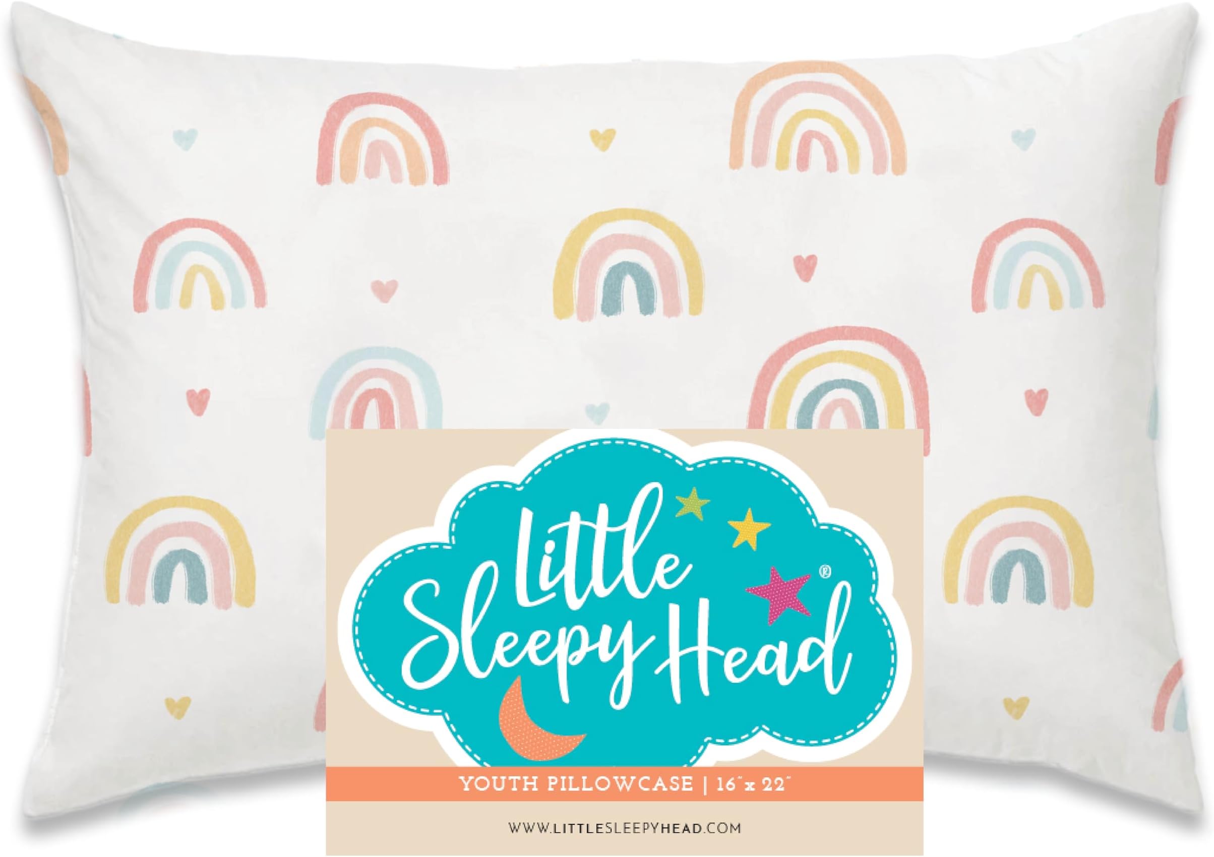 Little Sleepy Head Youth Pillow Case - 100% Made Cotton & Hypoallergenic Pillow Case - Snug Fit Envelope Pillowcase Enclosure - Youth Pillow 16x22 Size - (Rainbows) Design Travel Pillow Cover