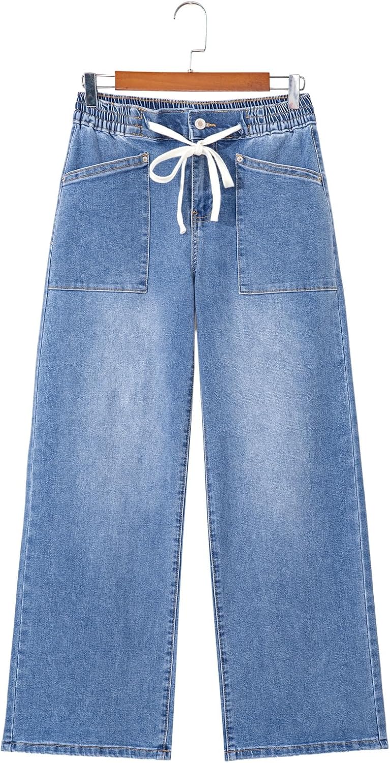 Sidefeel Women's Wide Leg Jeans High Waisted Stretchy Baggy Elastic Waist Drawstring Ankle Denim Jeans with Pockets - Image 8