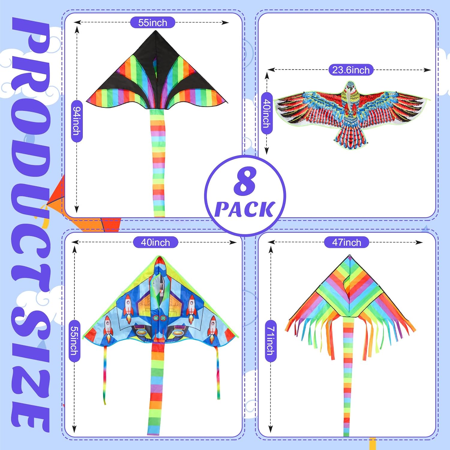 8 Pack Kites for Kids Large Flying Long Kite with 8 Pcs 328 ft Strings for Outdoor Game - Image 2