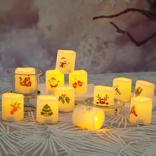 Paquete de 12 velas votivas de Navidad que funcionan con pilas, velas parpadeantes sin llama, velas eléctricas LED falsas para regalos, fiestas,