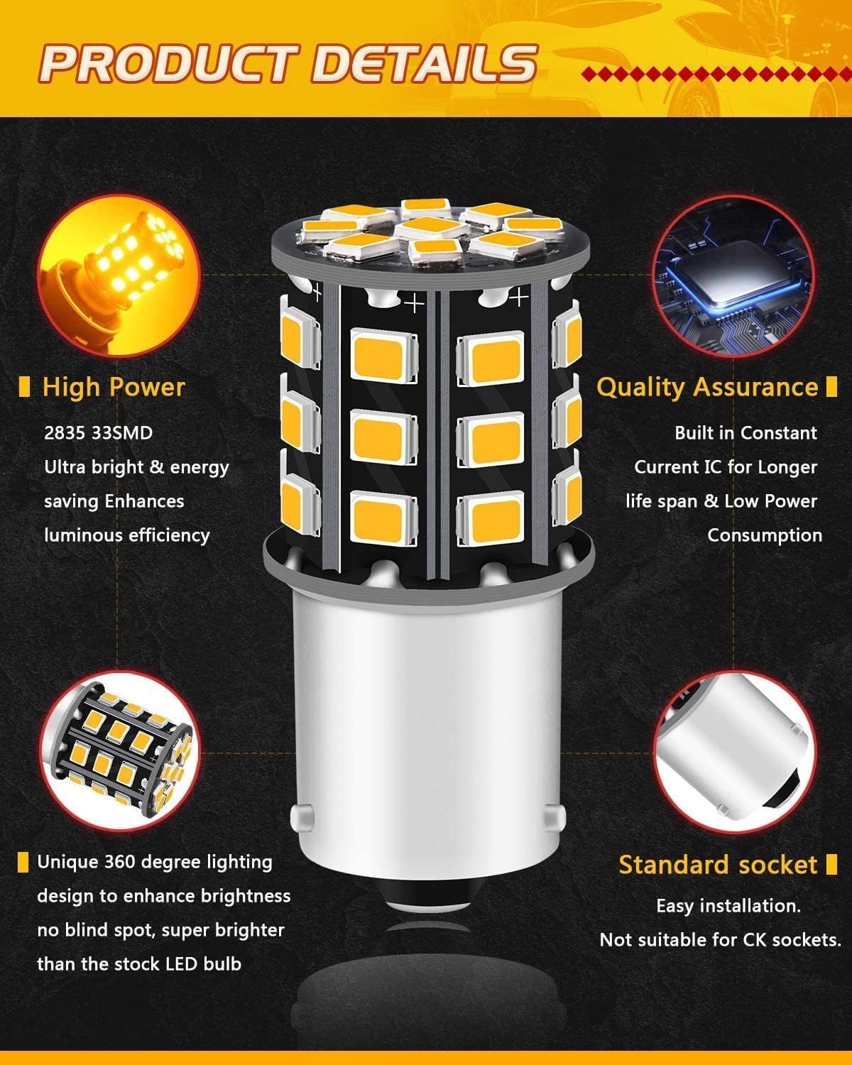 Defvnsy Ampoule LED P21W 1156 BA15S, Extrêmement Brillant Jaune 12V-24V DC Pas Polarité 1141 1003 7506 Ampoules Clignotant, 33SMD 2835 Remplacement Ampoule Voiture pour Feu Arrière, Clignotant Latéral