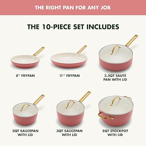 Miniatura 3 de GreenPan Juego de ollas y sartenes antiadherentes de cerámica anodizada dura, 10 piezas, asas de acero inoxidable en tono dorado, sin PFAS y PFOA,