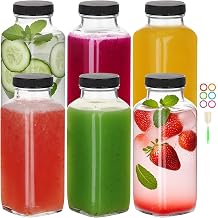 12 oz Glass Juice Bottles with Lids,6 PACK Bottles for Juicing,Square Drinking Jars Glass for Coffee,Cola,Milk,Tea in Travel,Work,School