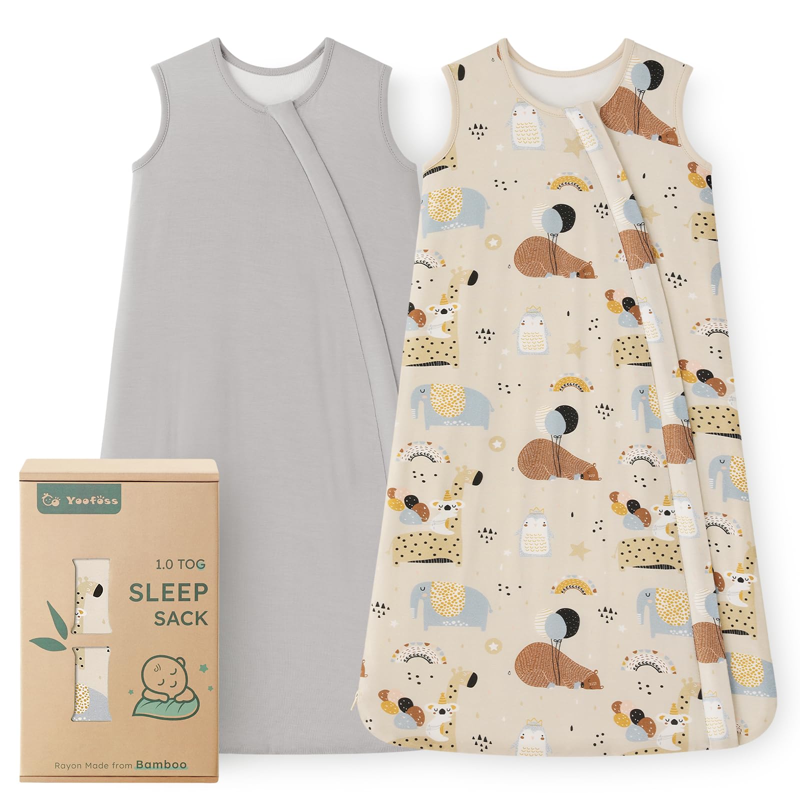 Yoofoss Rayon Made from Bamboo Baby Sleep Sack 0-6 Months TOG 0.5 Baby Wearable Blanket, Super Soft Infant Toddler Sleeping Sack 2-Way Zipper, Grey&Animals