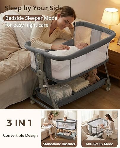 Miniatura 2 de Moisés de bebé 3 en 1 con colchón y ruedas, 5 moisés laterales de cama ajustables de altura para recién nacido, moisés mecedora gris para bebé