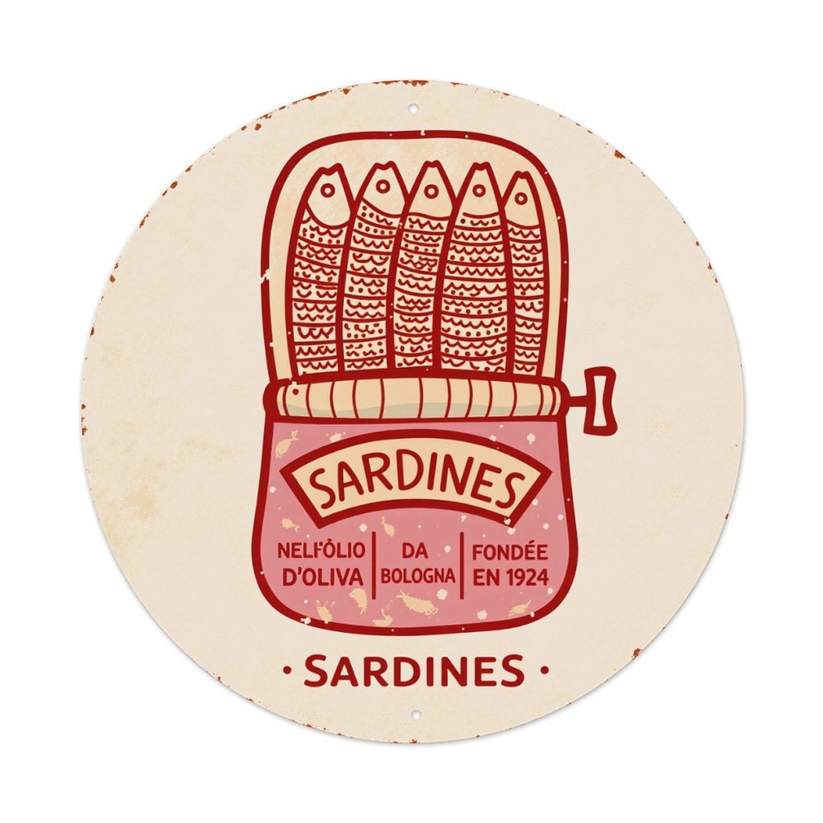 Sardines In Olive Oil Bologna Founded 1924 Vintage Metal Tin Sign Retro Wall Decor for Home Bar Garage Cafe, Indoor & Outdoor Decorative，circle Metal Poster, 8x8 Inch