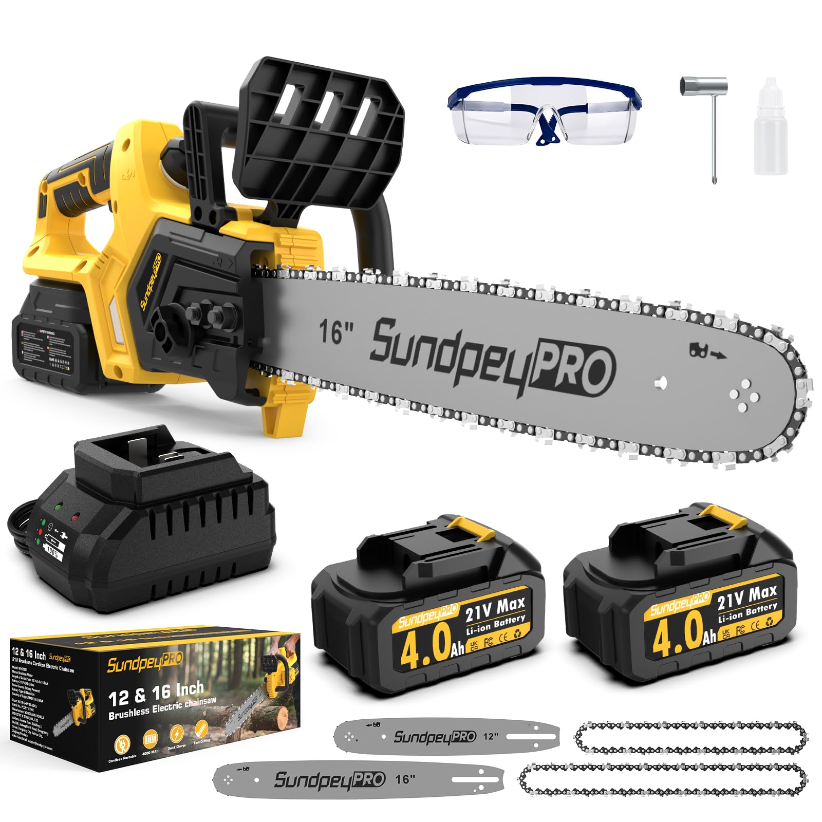 21V 12+16 Pulgadas Motosierra Inalámbrica a Batería | Motor Sin Escobillas y 2 x 4.0Ah Baterías, Lubricación Automática, Tensado Sin Herramientas, para Podar Árboles Jardin Leña