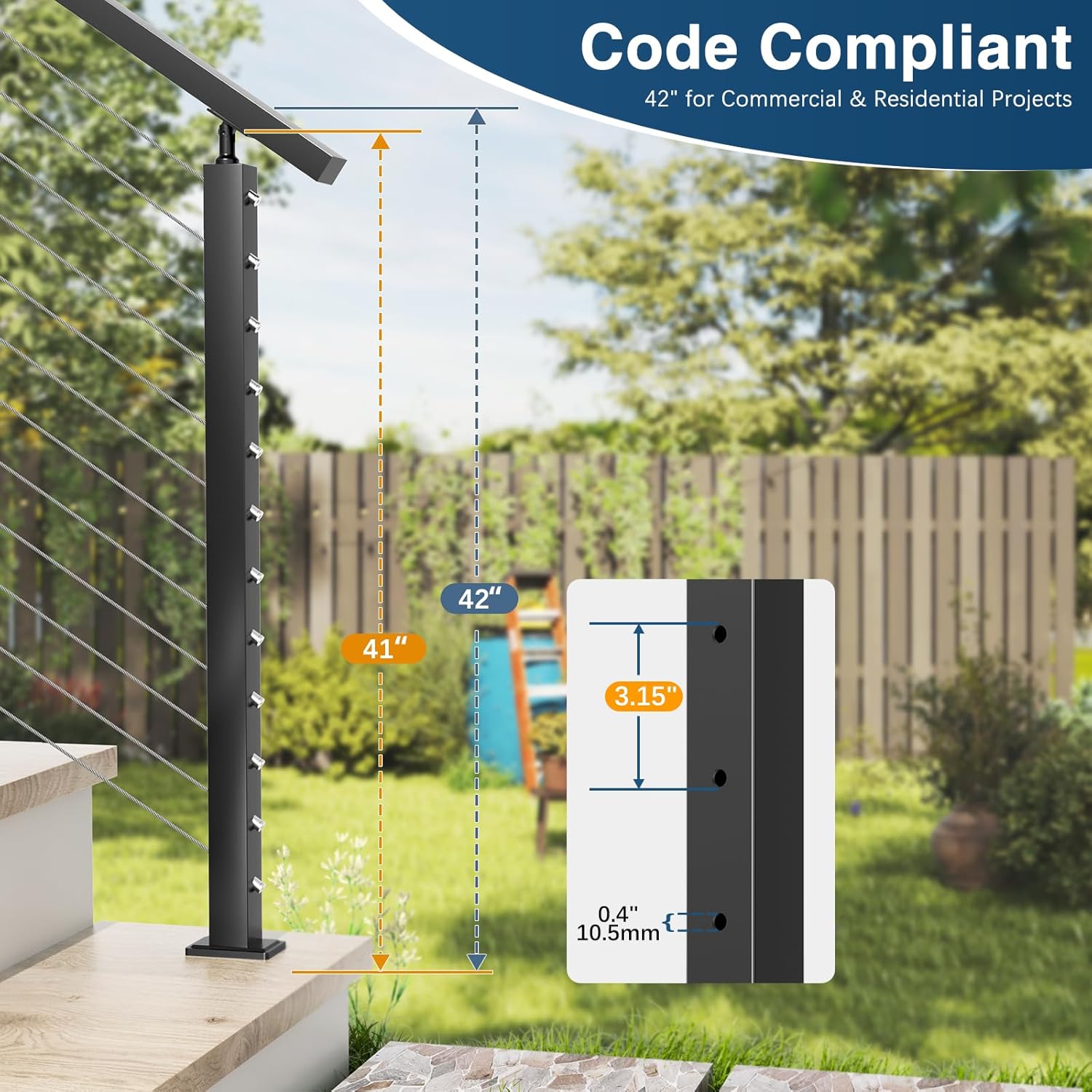 42" Stair Cable Railing Post, 33° Drilled Stair Post Fit for 28-38 Degrees Stairway, Adjustable Top Wire Railing Post for Staircase, Black T304 Stainless Steel Rail Post for Deck Railing System