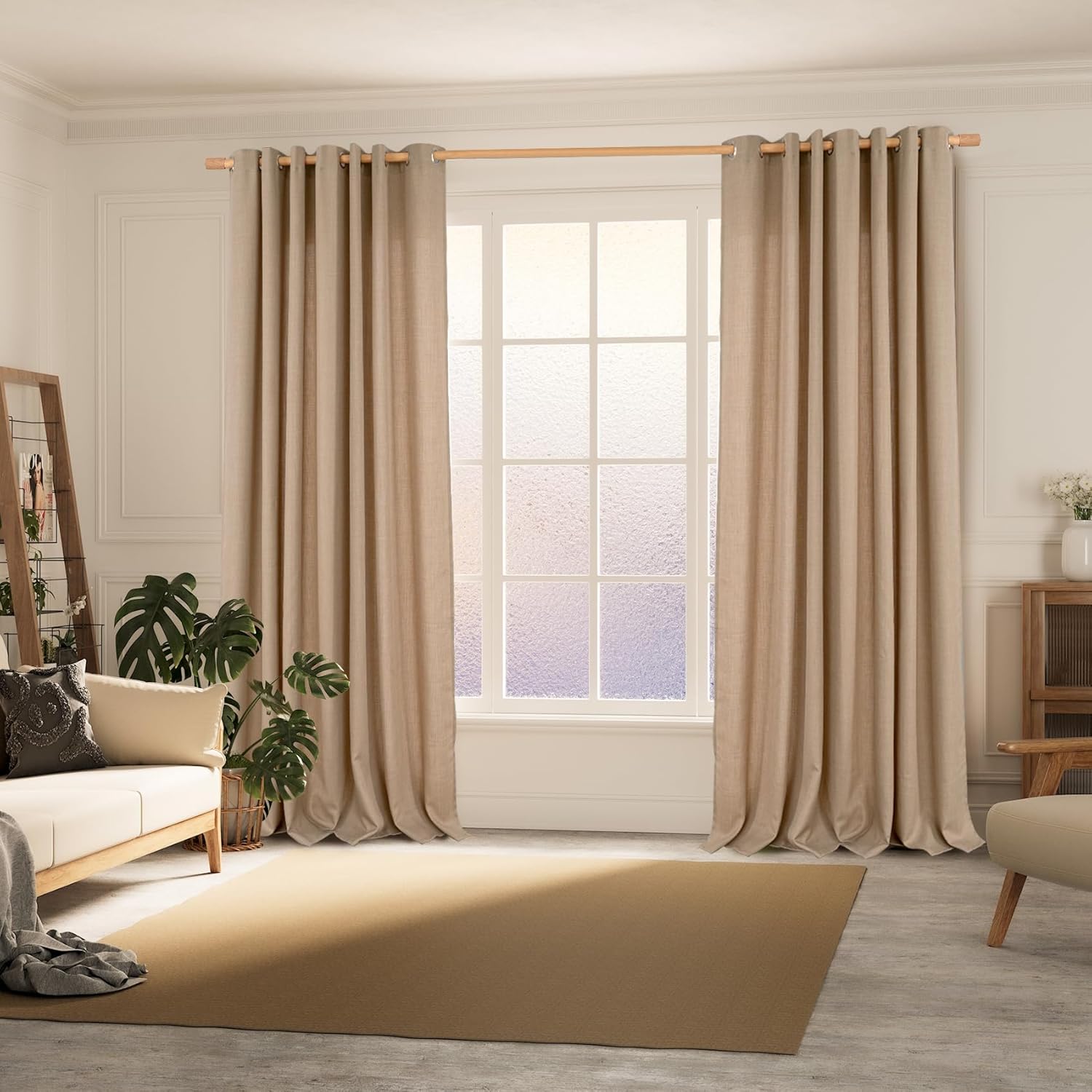 BGment Faux Linen Curtains 90 Inches Long Set of 2 Panels, Living Room Long Curtains Burlap Textured Thick Light Filtering Privacy Grommet Window Treatments, 52 x 90 Inch, Tan