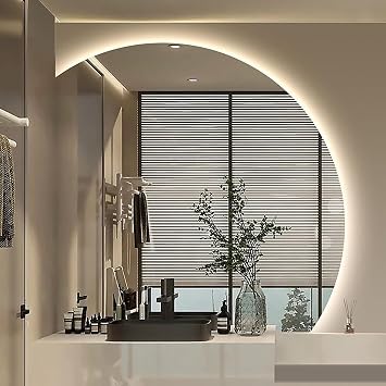 Bathroom Mirror with LED Light, 3 Color Dimming, Wall Mounted Mirror, Anti-Fog Semi-Circular Vanity Mirror, Vanity Mirror, Attached Mirror with Backlight Half Circle Mirror, Left, 60x60cm/24