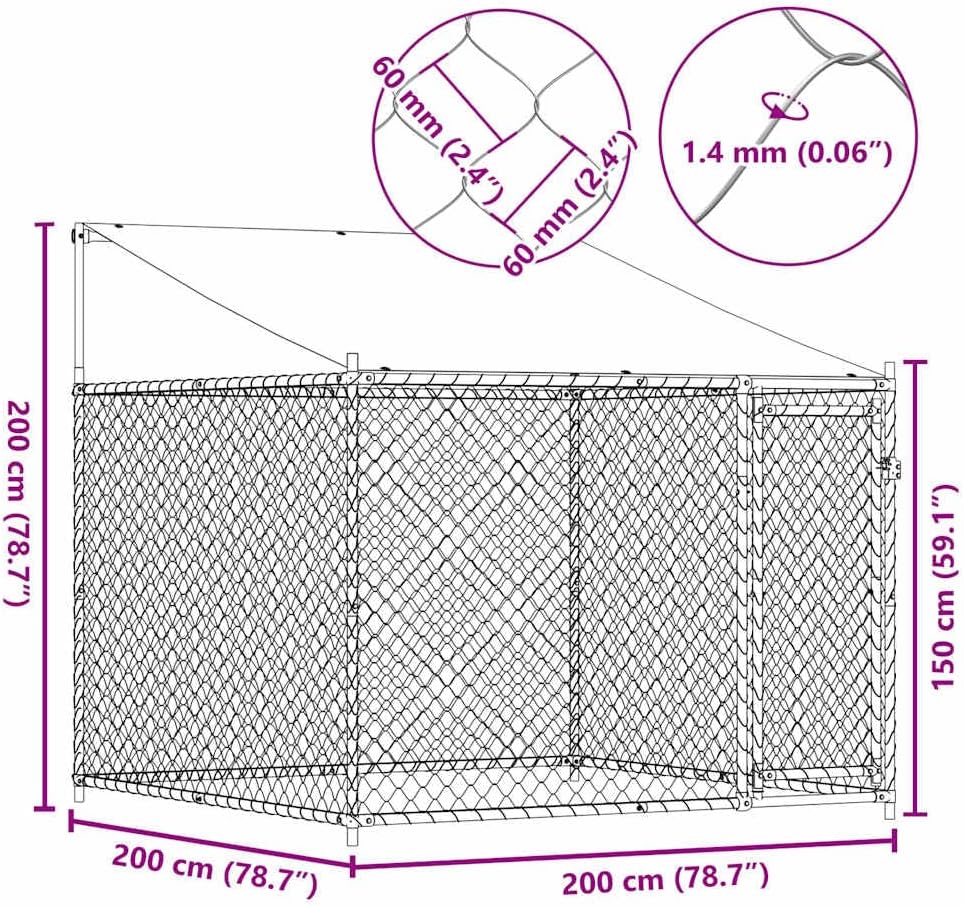 vidaXL Galvanized Steel Dog Cage with Roof - Outdoor Kennel for Exercise/Training, Lockable Door, Mesh Design, Gray - 6.6' Dimensions