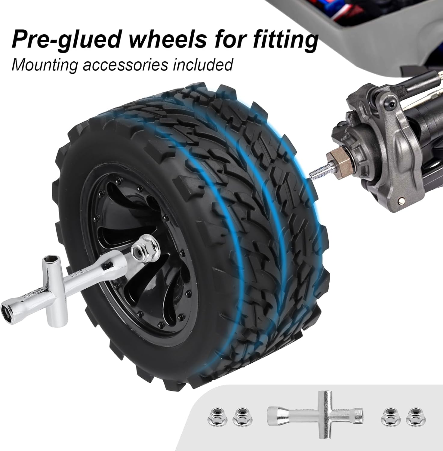 Hobbypark PreGlued 12mm Hex Wheels and Tires for 1/10 Scale RC Monster Truck Foam Inserts Compatible with Traxxas Rustler VXL Stampede 2WD Hoss 4x4, Set of 4
