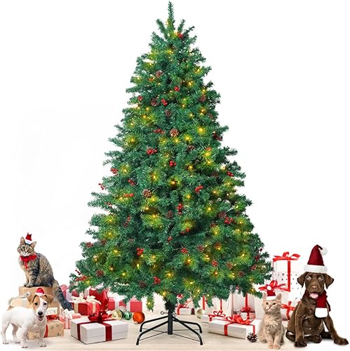 Fencer Wire Árbol de Navidad artificial preiluminado de alta calidad de 6 pies con 800 puntas de ramas prearticuladas y soporte plegable, 250 luces Fencer Wire Árbol de Navidad artificial preiluminado de alta calidad de 6 pies con 800 puntas de ramas prearticuladas y soporte plegable, 250 luces