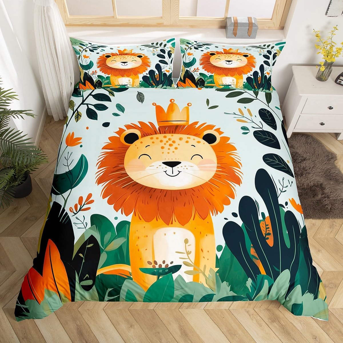 Cartoon Lion Duvet Cover Toddler Size Watercolor Hand Drawn Bedding Set 2pcs Africa Lion Animal Comforter Cover for Kids Bedroom Decor Tropical Nature Leaves Quilt Cover,1 Pillowcase(Not Comforter)