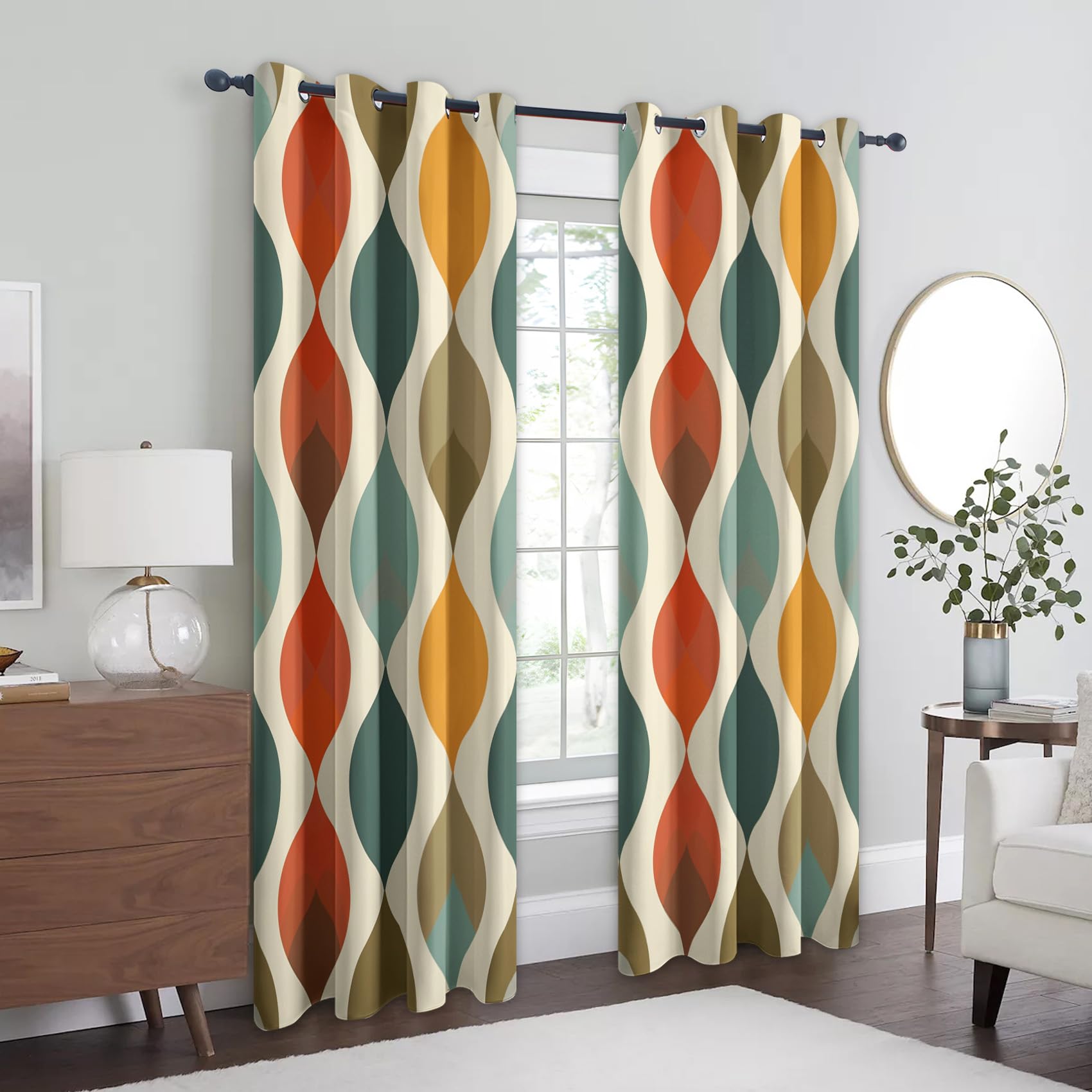 Rideaux Occultant Géométrique Médiéval, Rideau Isolant Thermique pour Salon Chambre, Rideaux Motif Moderne Colorée, Lot de 2 Rideaux Opaque à Oeillets 140x260cm LxH