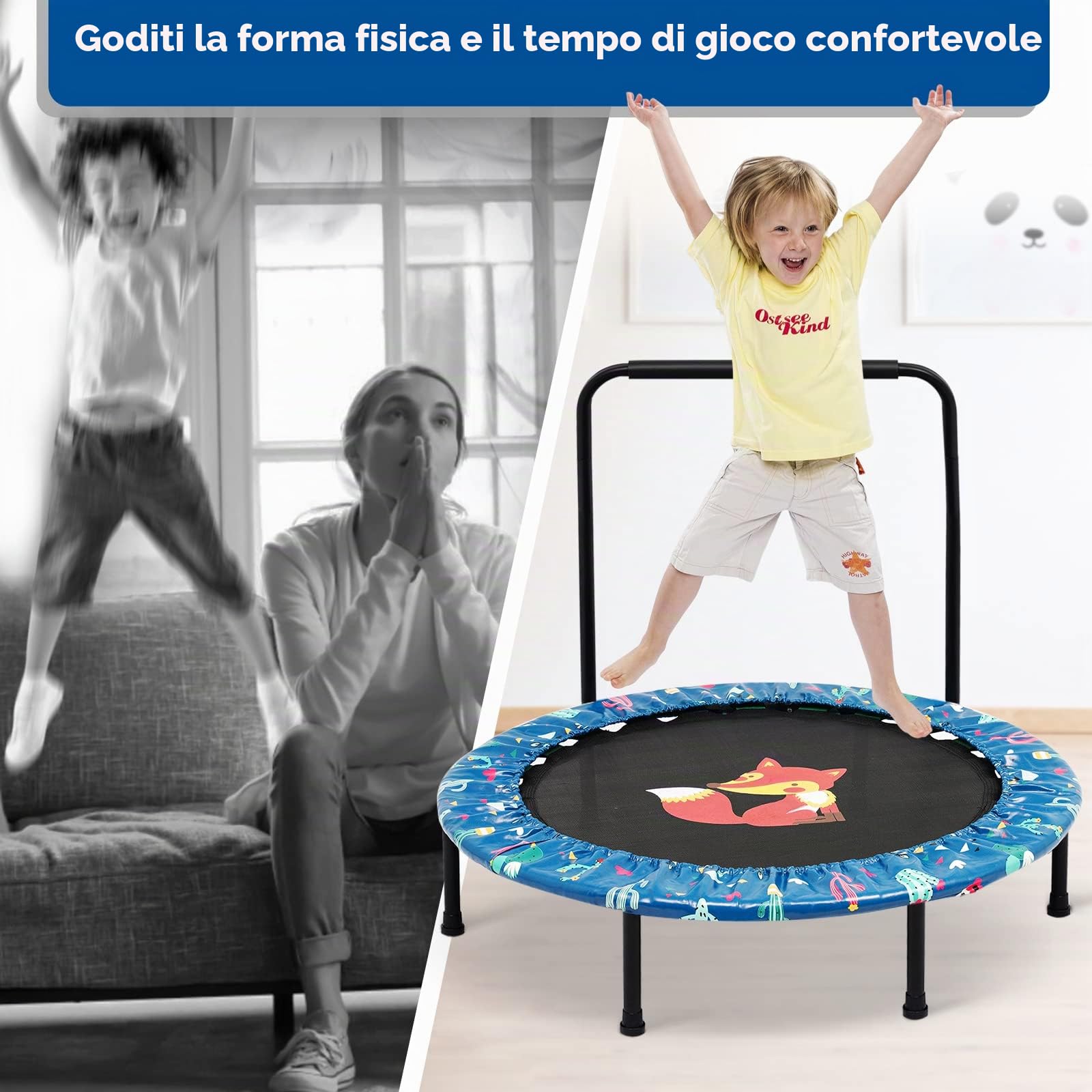 '38'' Trampoline for Kid Mini Trampolines with Adjustable Foam Handle and Safety Padded Cover Foldable Toddler Bouncer Indoor & Outdoor Bungee Rebounder Trampoline for Child Play and Exercise'