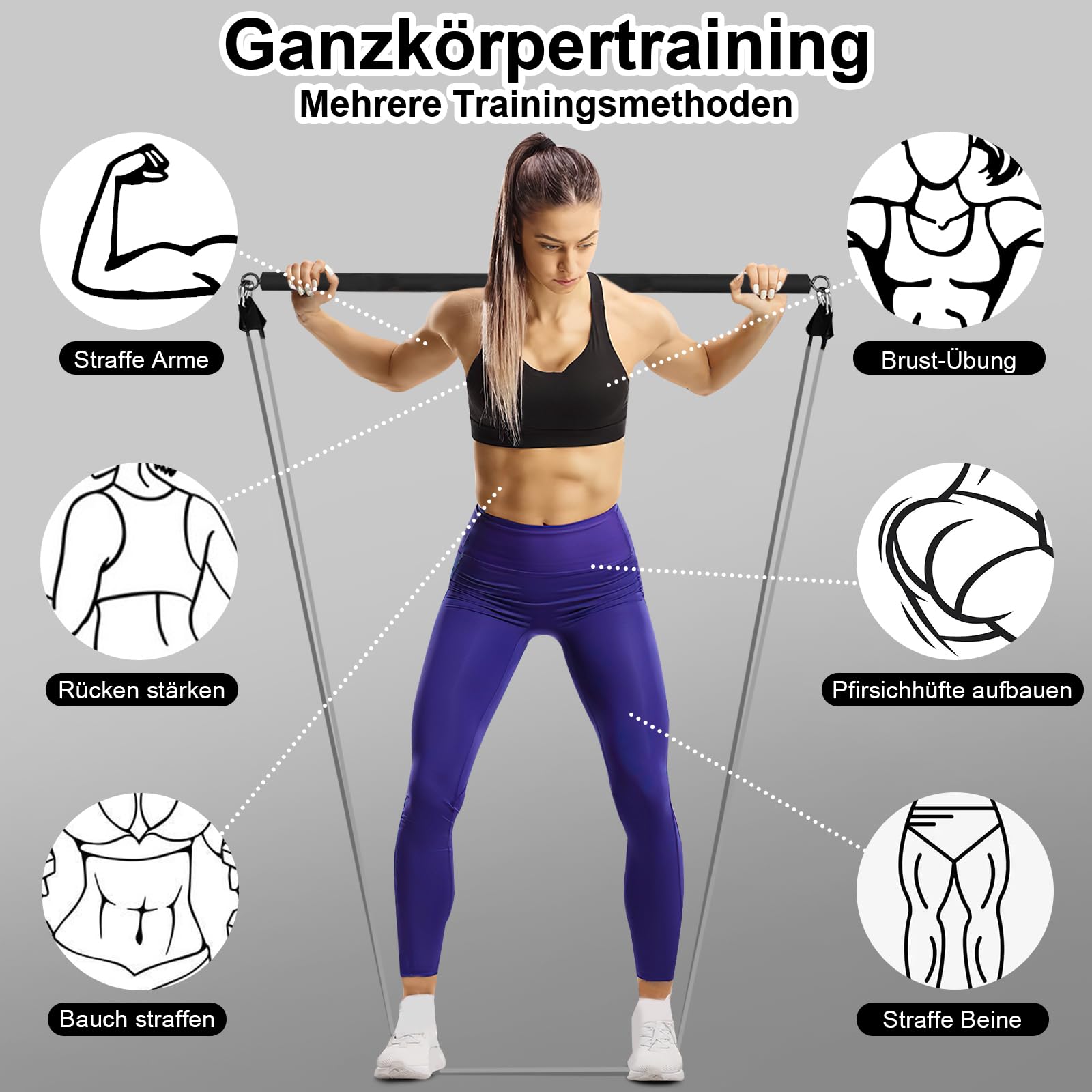 Barra de Pilates, M MOACC Barra Pilates Hecha de Hierro con Bandas de Resistencia de Tubo de Látex Natural(10-50lbs), Gomas Elasticas Musculacion para Gimnasio En Casa