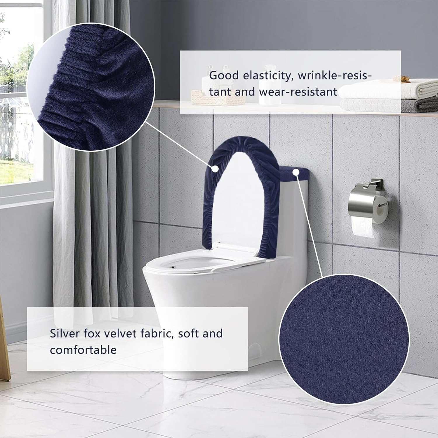 Toilet Lid Cover Stretch Velvet Toilet Tank Lid Cover Elastic Toilet Lid Seat Cover Set Wear Resistant Toilet Covers Set Machine Wash Bathroom Accessory for Bathroom Home (Navy Blue)