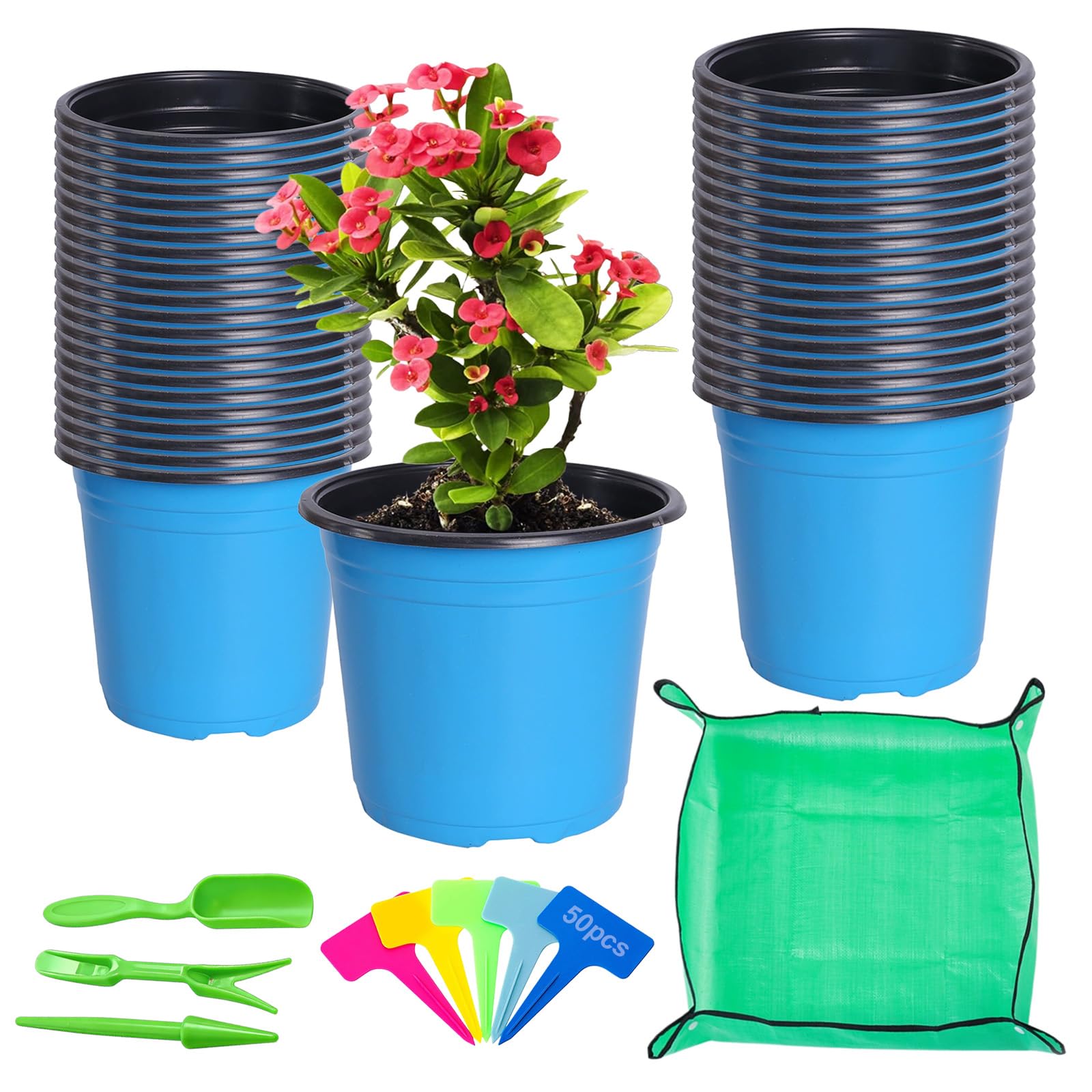 ANBET 50 Pcs Blue 4.72" (12CM) Plastic Plant Pots with Drainage Holes, Small Seedling Pots Succulent Plant Pot & 50 Pcs Plants Labels 3pcs Plant Tool Set Green Repotting Mat 26" X 26" Indoor Outdoor