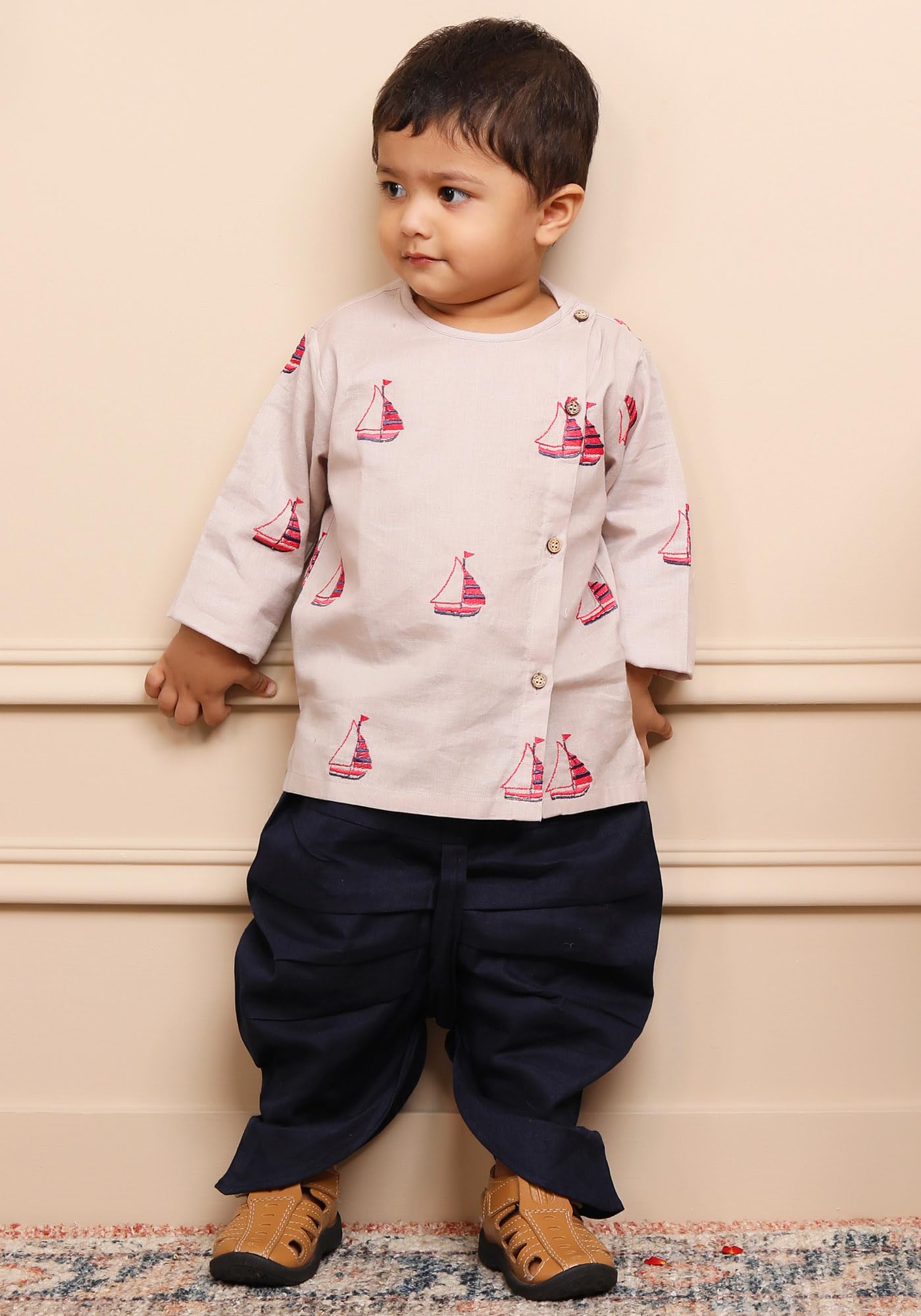 POLKA TOTS Premium Cotton Dhoti Kurta Set Boys Kids Ethnic Wear Dhoti Kurta Traditional Dress for Toddlers | Full Sleeve Angrakha Kurta set for Boys (Boat Embroidery, 9-12 M) 2