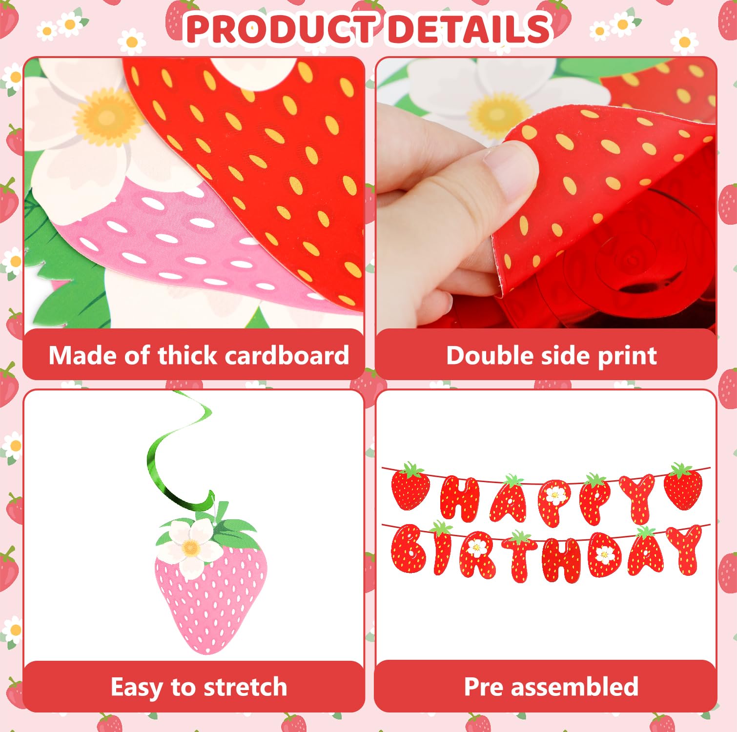Decorazioni per feste di compleanno a forma di fragola, striscione di compleanno a tema fragole, vortici da appendere, decorazione a nido d'ape per decorazione per feste di Berry Sweet Girl