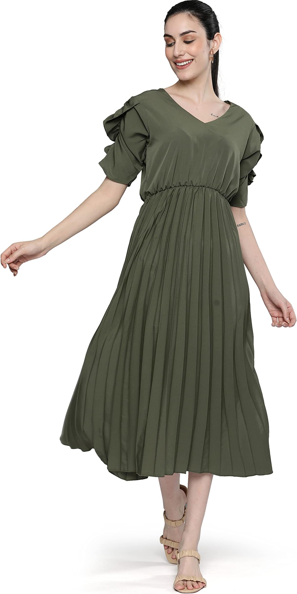 LYMI LABELDress for Women - Olive Green Crepe Solid A-Line Western Knee Length Dress with Pleated Flair and Half Sleeves, Olive Green, L