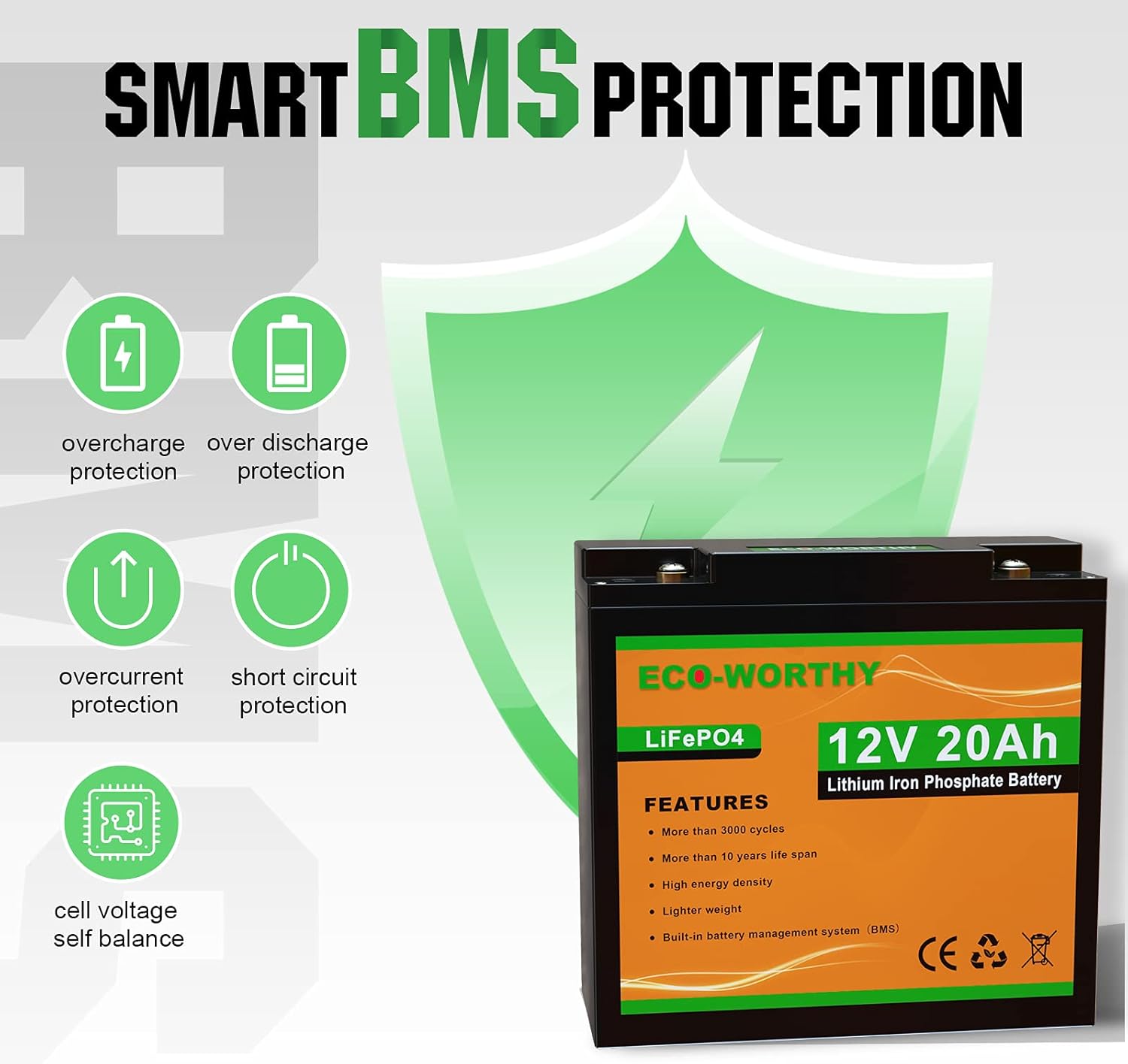 ECO-WORTHY 12V 20Ah LiFePO4 Lithium Iron Phosphate Battery Deep Cycle Rechargeable Battery with Built-in BMS, 3000+ Life Cycles, Perfect for RV, Marine, Kids Scooters, Power Wheels, Trolling Motor : Health & Household