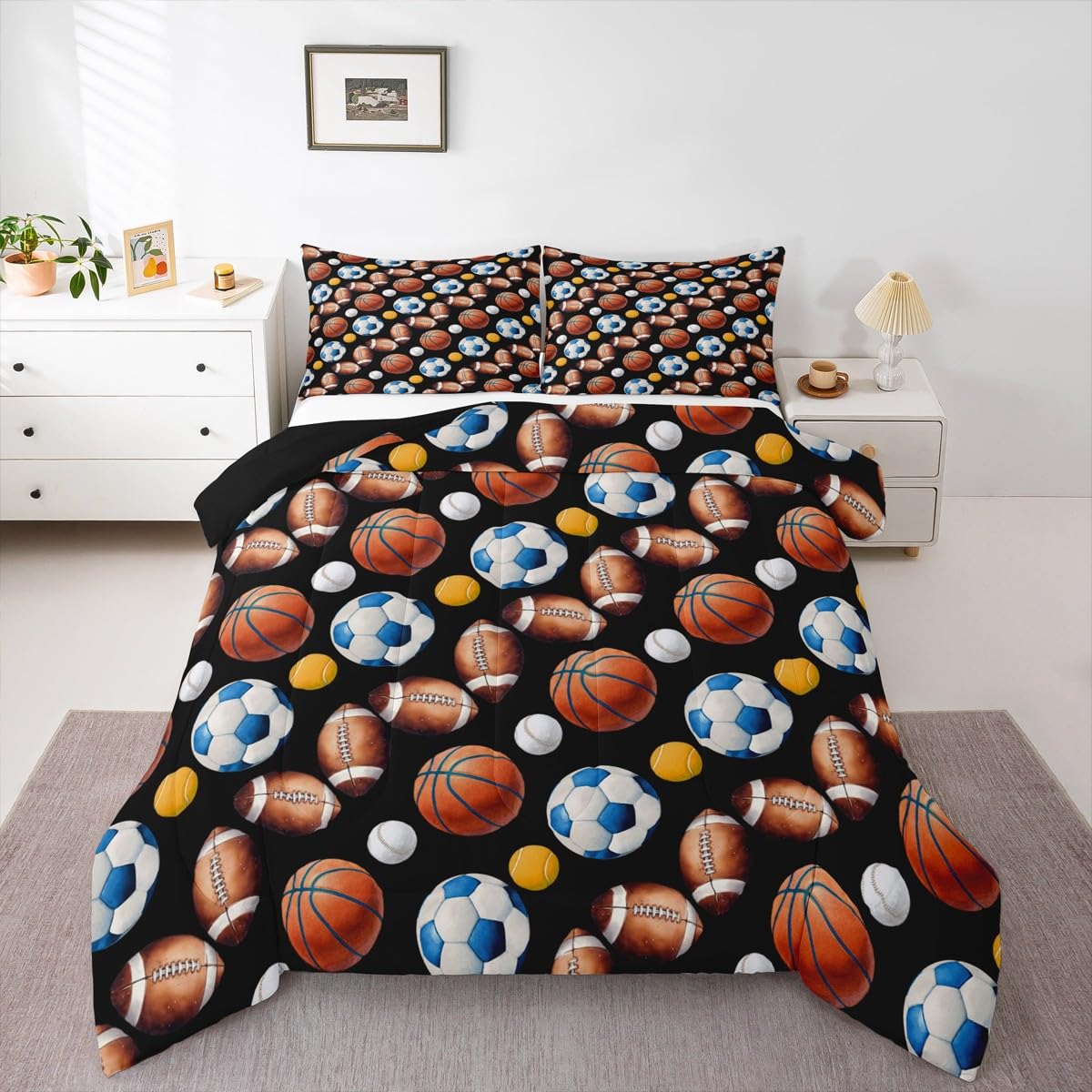 Feelyou Soccer Football Comforter Set Full Size Basketball Baseball Softball Sport Theme Bedding Set for Kids Boys Girls Black Duvet Quilt Bedroom Decor Microfiber 3 Pcs with 2 Pillow Cases