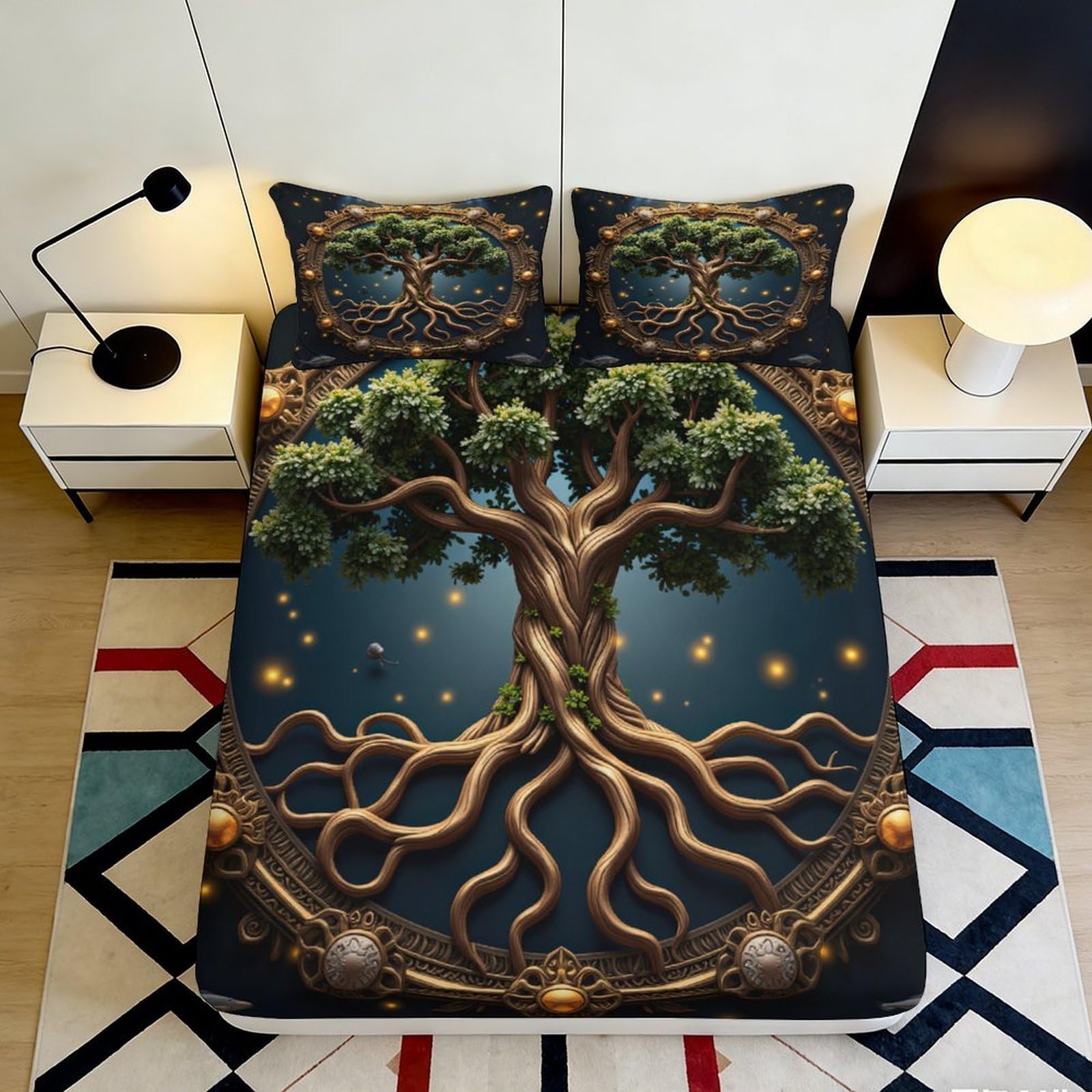 3D Printed Tree of Life Fitted Sheet Microfiber Soft Breathable 3D Printed Mystic Roots Mattress Cover for Bedroom Dormitory Guest Room Mattress Protection 180x200x25cm