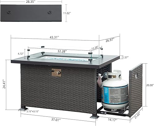 Miniatura 7 de Domi - Mesa de mimbre para fogata de gas propano de 43 pulgadas, 50,000 BTU con certificación CSA con mesa de aluminio similar a la madera,