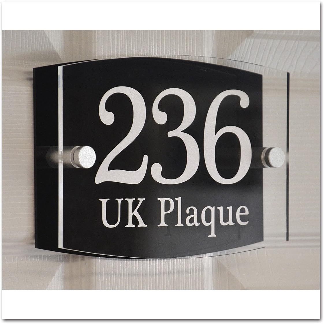 Up Down Rounded Rectangle Double Paste WHITE TEXT Effect | Modern Design Personalised Crystal Clear Plaque & Black Acrylic Decorative Back Plate House Numbers Signs | Street Name Signs | House Name Plaques | House signs | Door Plaques (6 Font Styles To Choose)