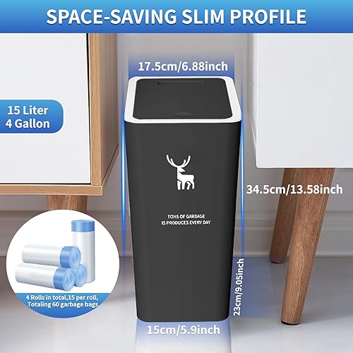 Miniatura 2 de Hsxfl Bote de basura con tapa, paquete de 2 botes de basura de 4 galones15 L con parte superior de prensa, bote de basura pequeño a prueba de