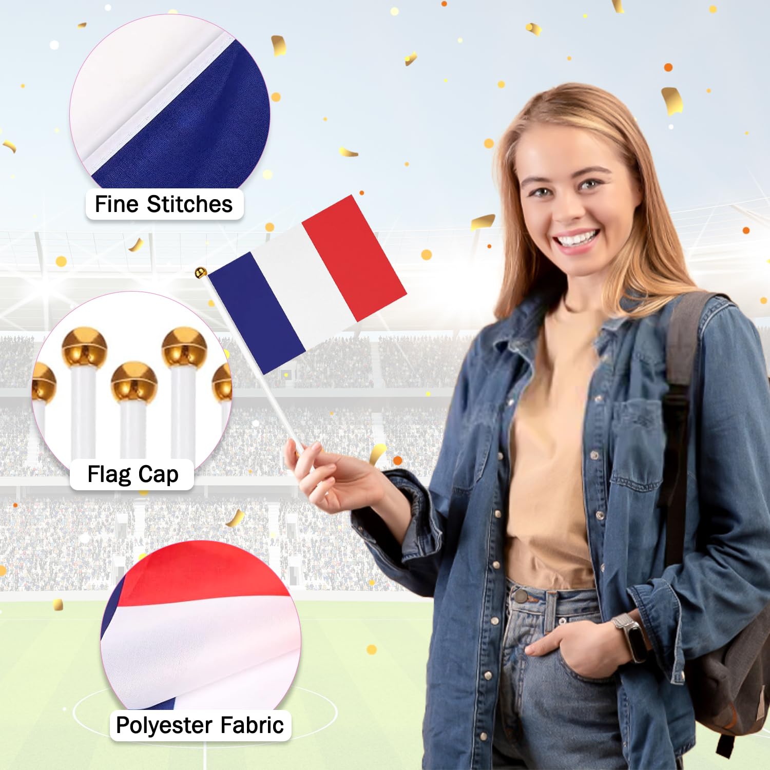 KUMSODE 20Pcs Petit Drapeau Francais, Mini Drapeaux France Avec Poteau Solide Blanc De 30cm Pour Décor Eurovision Jardin Bar Euro Football Match, Fête Nationale Française, 14 X 21cm