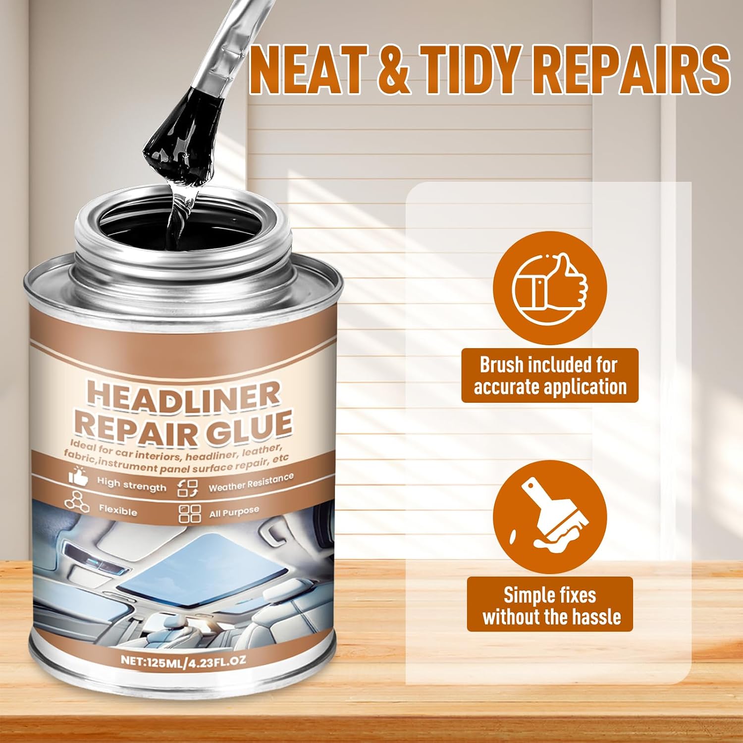 Headliner Repair Glue, Car Headliner Adhesive with Brush - Car Roof Liner Fabric Adhesive, Upholstery Glue, Headliner Repair Kit for Automotive Interiors,Leather,Fabric (125ml)
