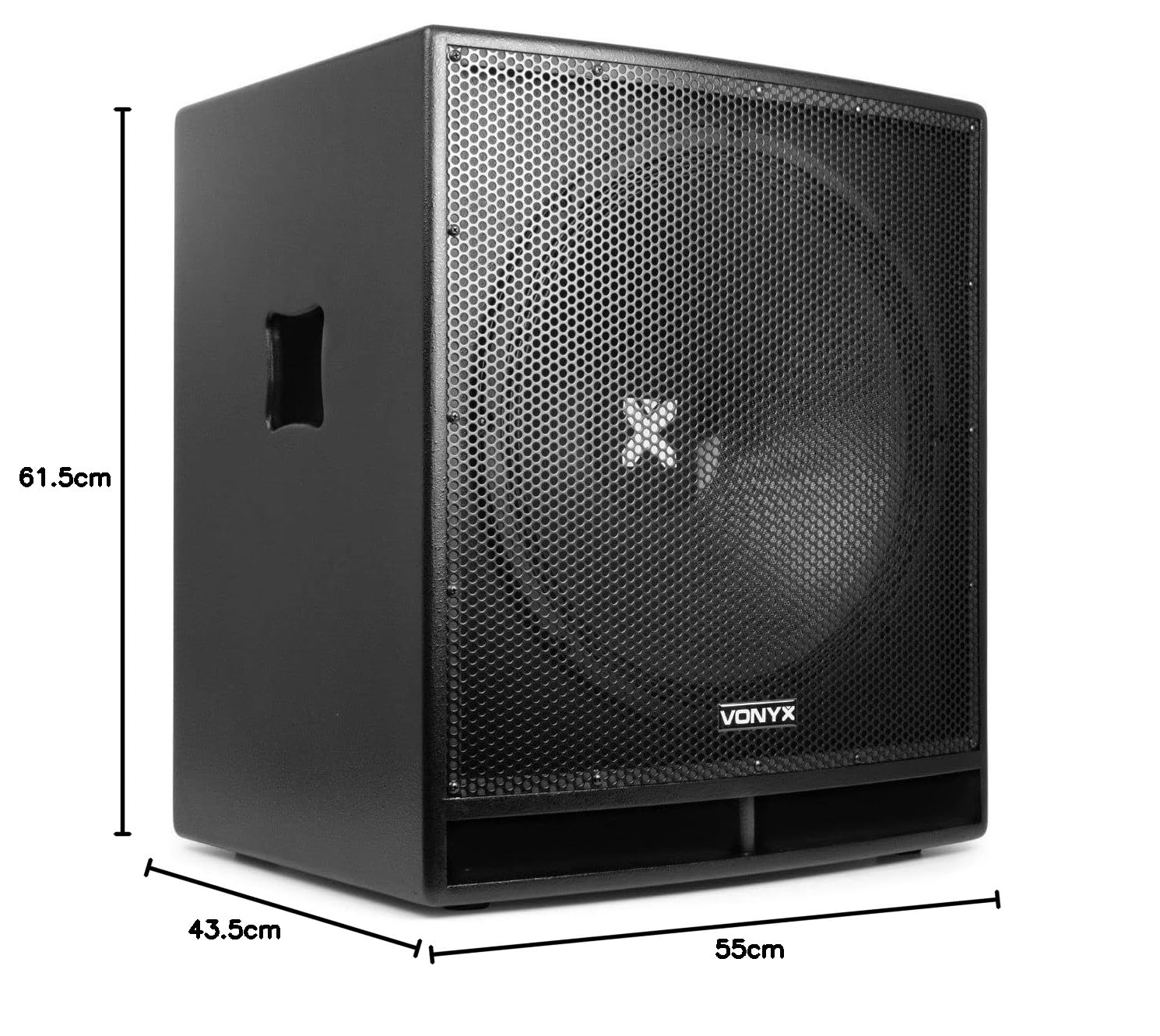 VONYX SWP18 Caisson de Basse Actif 1200W, Phase Réglable, Entrée/Sortie XLR + RCA, Amplificateur Intégré, Insert sur la Face Supérieure pour Enceinte Active, Grave 18", Idéal pour DJ Mobile