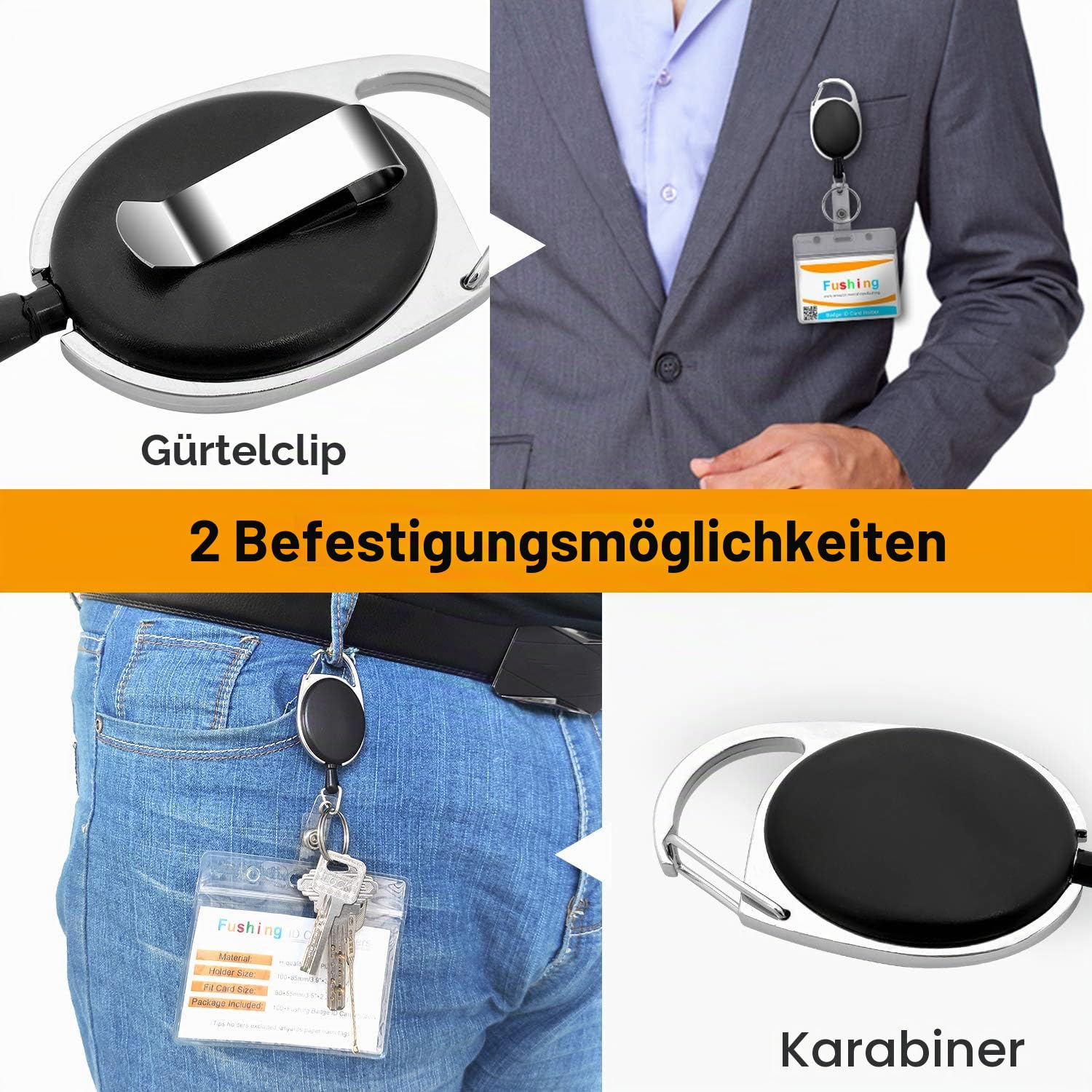 Fushing 10 Pcs Ausweishalter Ausziehbar, Kartenhalter SchlüSselanhäNger,Ausweisjojo Badge Reel Karabiner mit Clip（Horizontal）