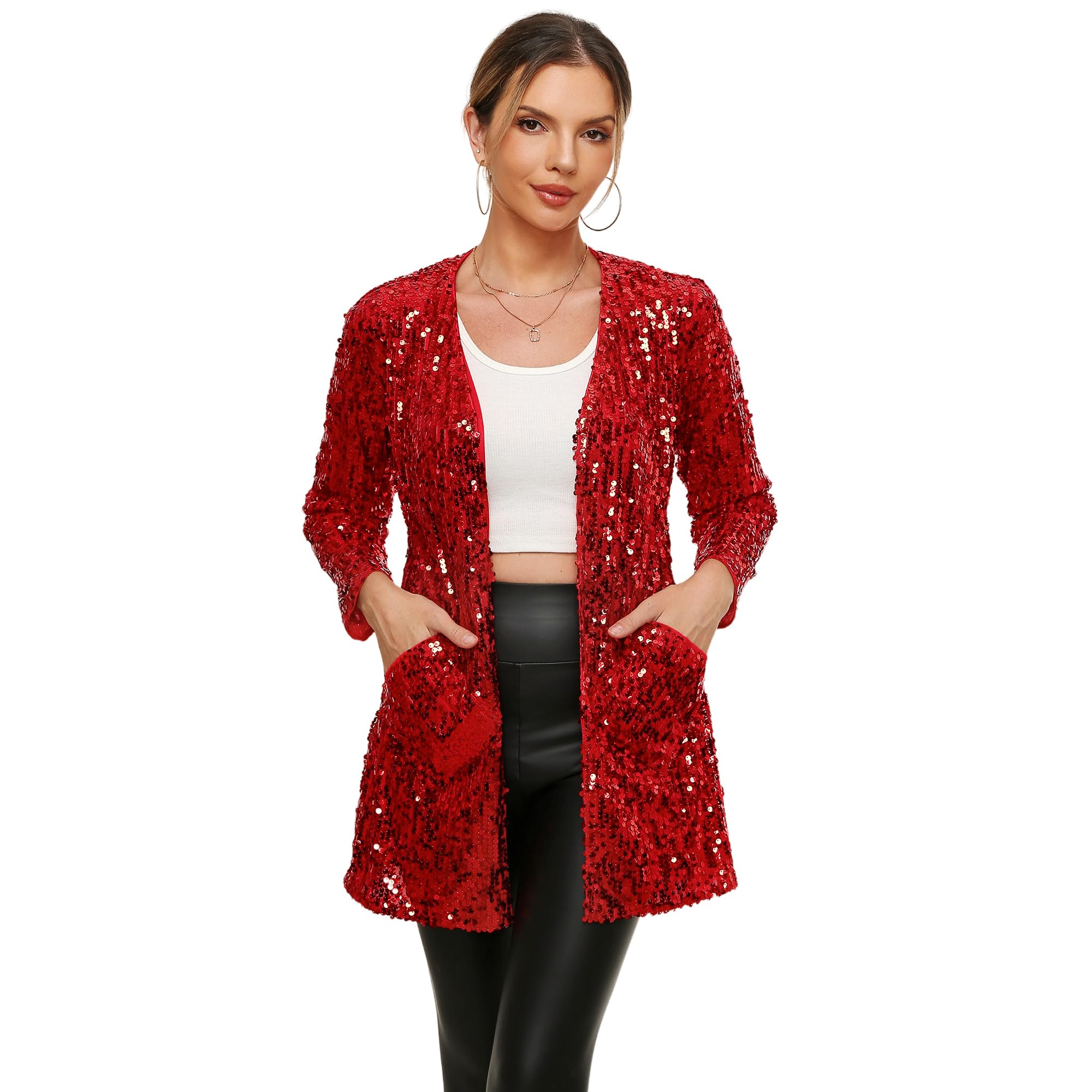 THANKPEARL Women's Sequin Jacket Long Sleeve Open Front Blazer Glitter Sparkly Coat Party Casual Cardigan