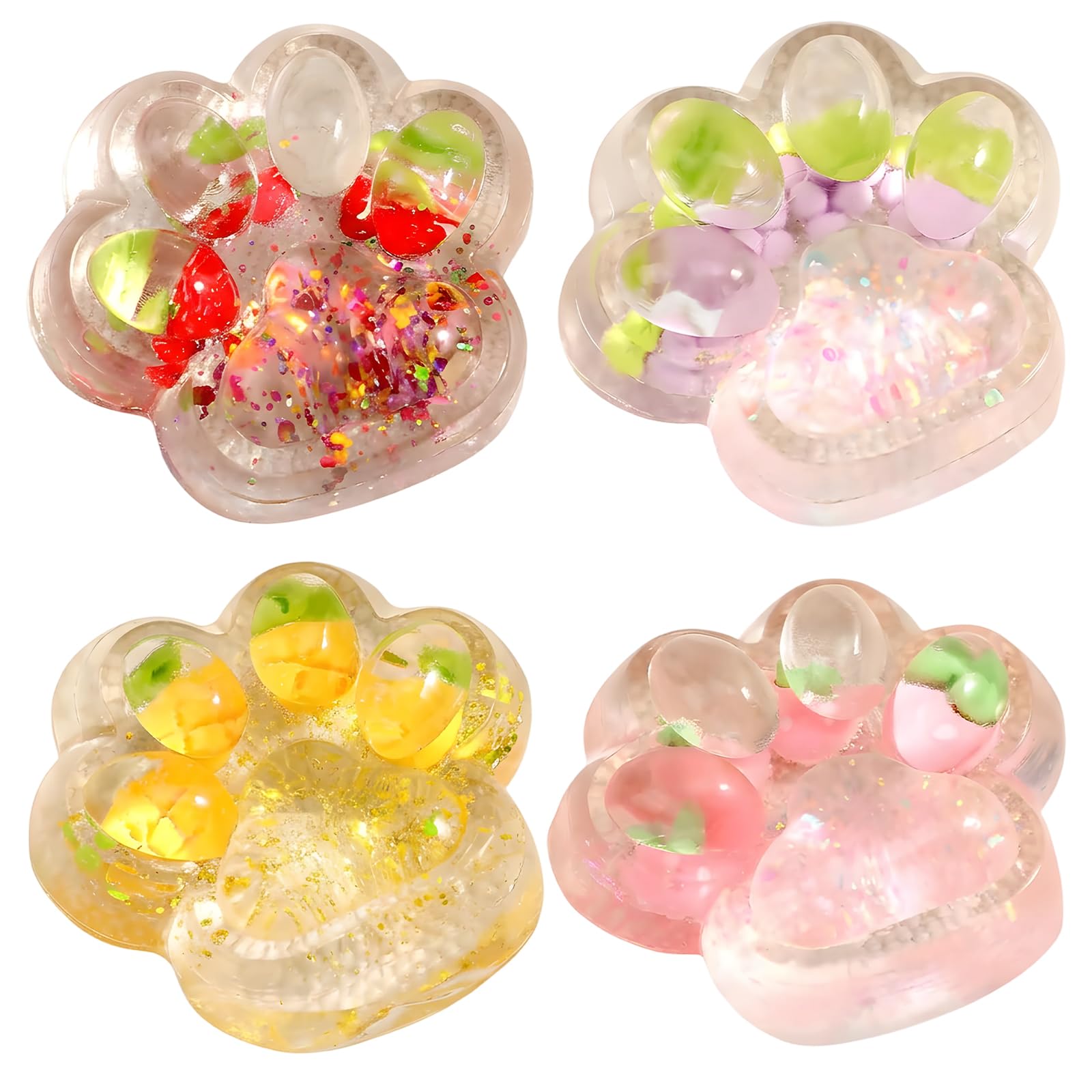 4Pcs Cat Paw Squishy Set, Fruit Shaped Soft Hand Squeeze Items in Mixed Colours, Portable Sensory Pieces for Desk and Home