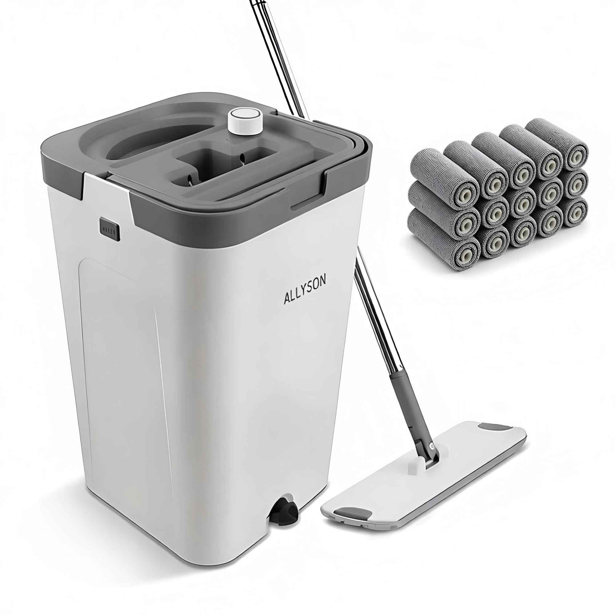 Allyson® Wischmopp Set mit Eimer, Auswringer, Haarentferner, inkl. 15 Mops | 3-Kammer-System für Wischen, Spülen & Trocknen, ohne Bücken & nasse Hände, gummierter Griff, für Fliesen & Laminat