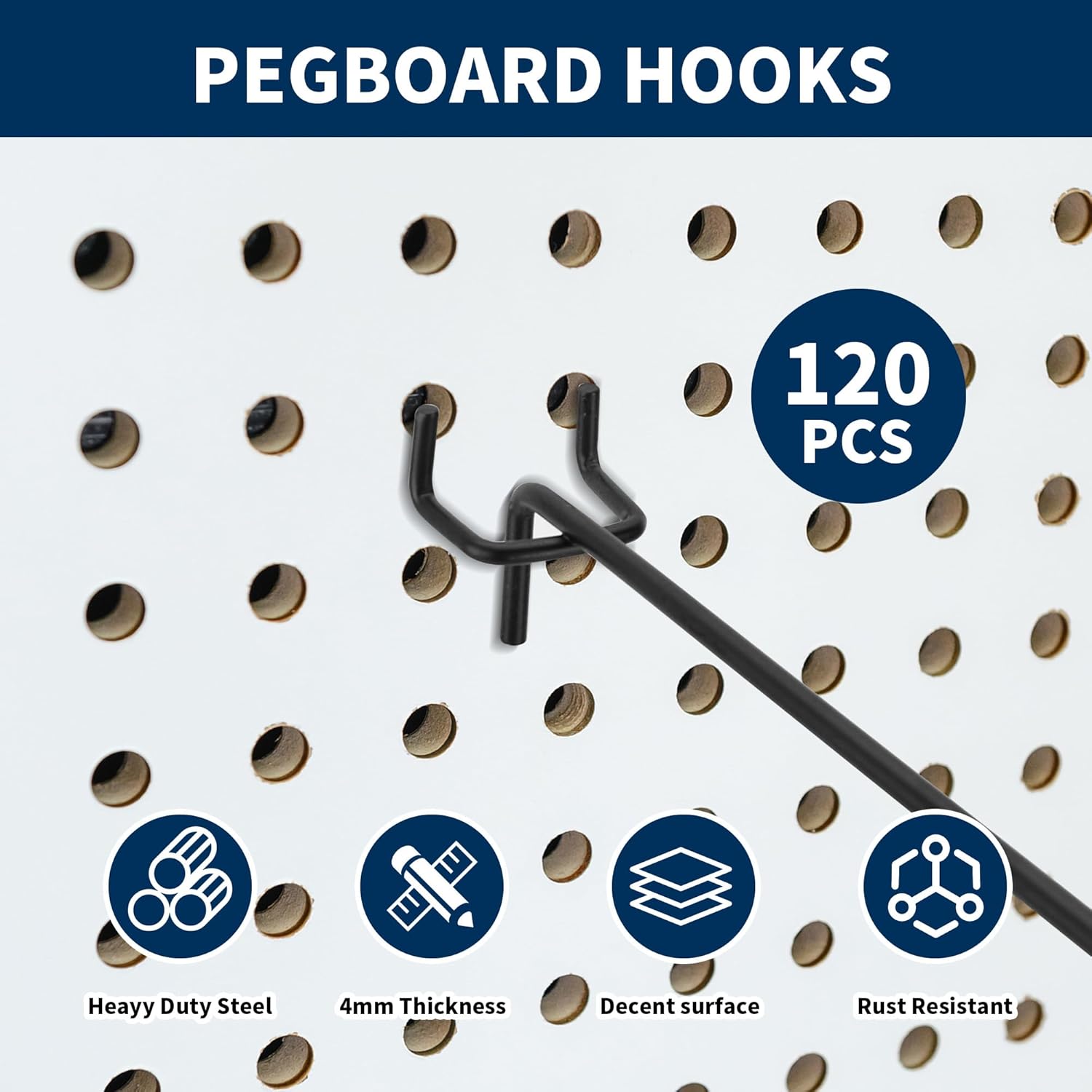 120 Pcs Pegboard Hooks, 8 Inch Black Metal Peg Board Hooks for Hanging, Peg Wall Hooks Heavy Duty 1/8" and 1/4" Peg Hooks for 1" Spaced Pegboards