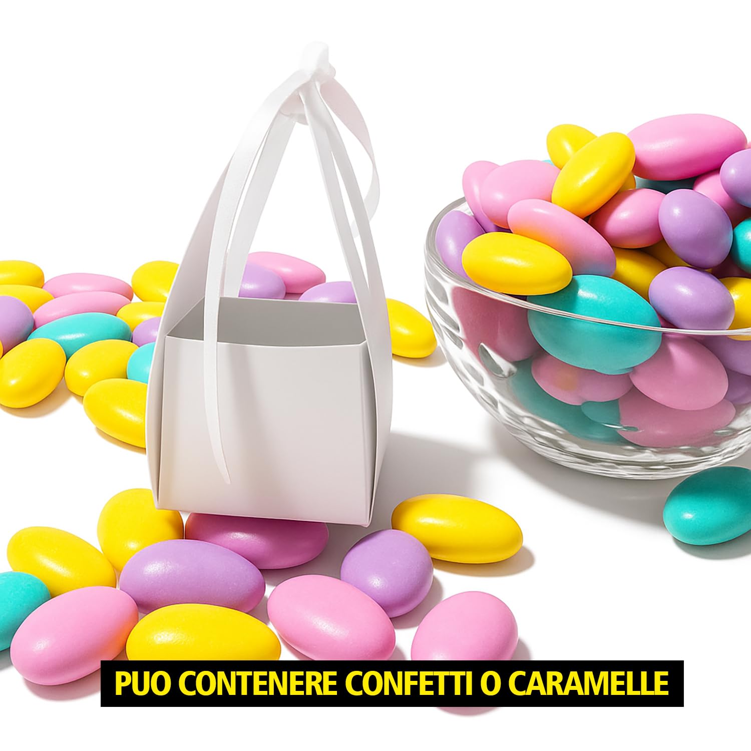 Mr Pubblicità - kit da 75 pezzi PERSONALIZZATI (stampa inclusa) - 25 Scatoline Portaconfetti + 25 Tag + 25 Nastrini, Per Sposi, Matrimonio, Nozze, Promessa, Scatolino, Bomboniera