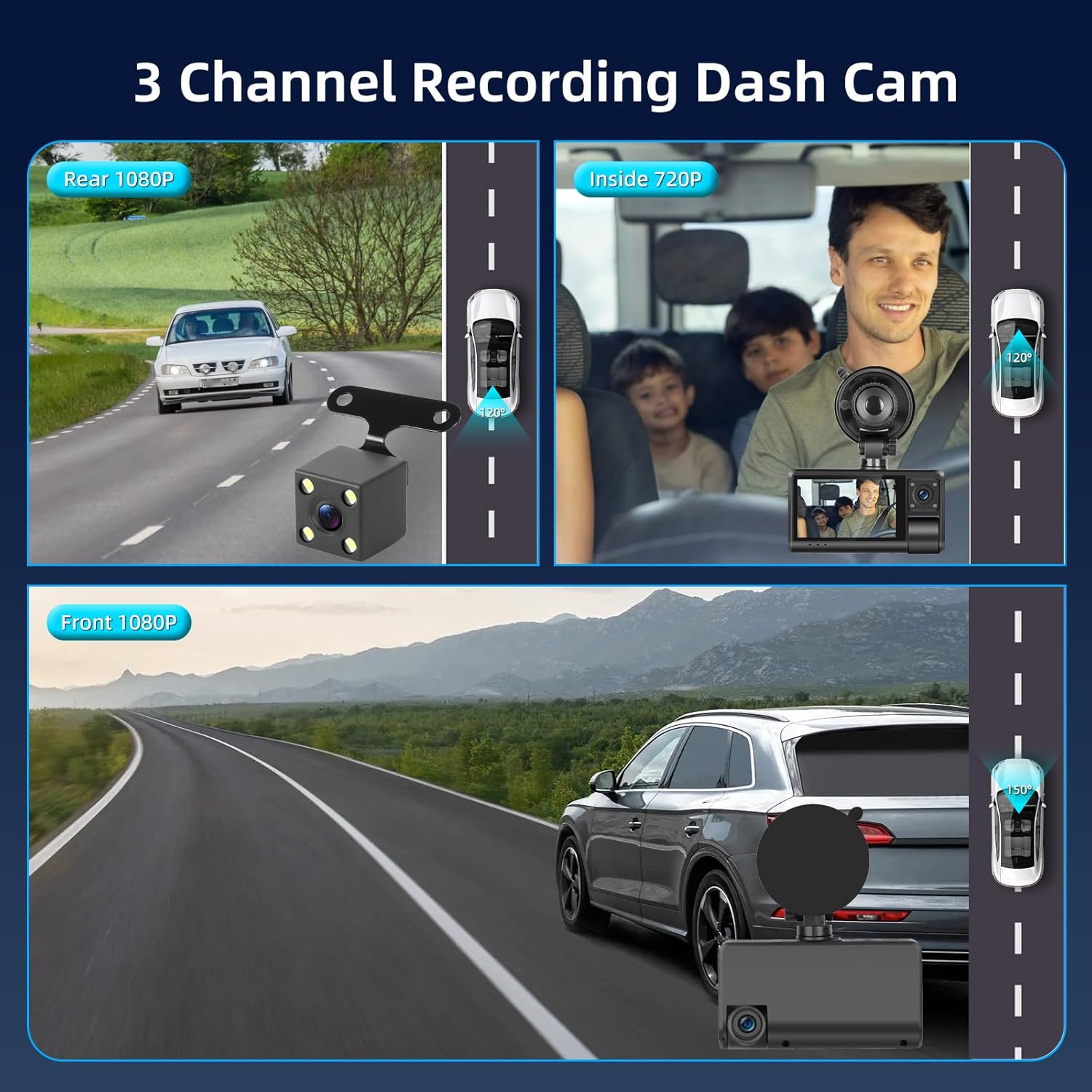 NHOPEEW 3 Channel Dash Cam for Cars, Dash Cam Front and Rear Inside, Bulit-in WiFi: 3 inch IPS Screen, 1080P Triple Dash Camera with 64GB Card, G-Sensor, Loop Record, Night Vision + Rearview Camera