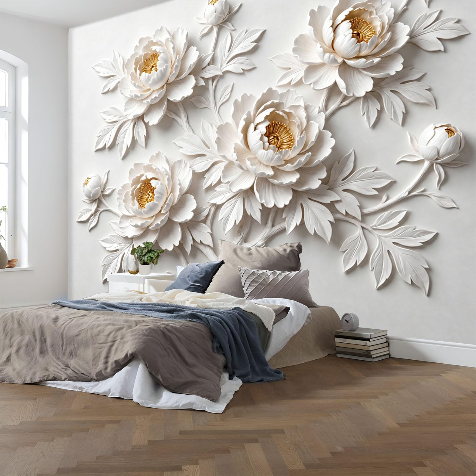Fototapete Vlies Tapete 3D Effekt Fototapeten 3D-Relief Einer Einfarbigen Pfingstrose Vliestapete Luxuspflanzen Tapeten Weiß Gold Moderne Wandtapete, Wohnzimmer, Tv Hintergrund Deko, 300X210Cm (B×H)