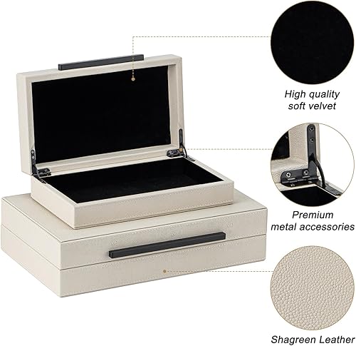 Miniatura 4 de Juego de 2 cajas de almacenamiento decorativas Shagreen beige con asas de metal negro, caja de joyería apilable grande y moderna con tapas