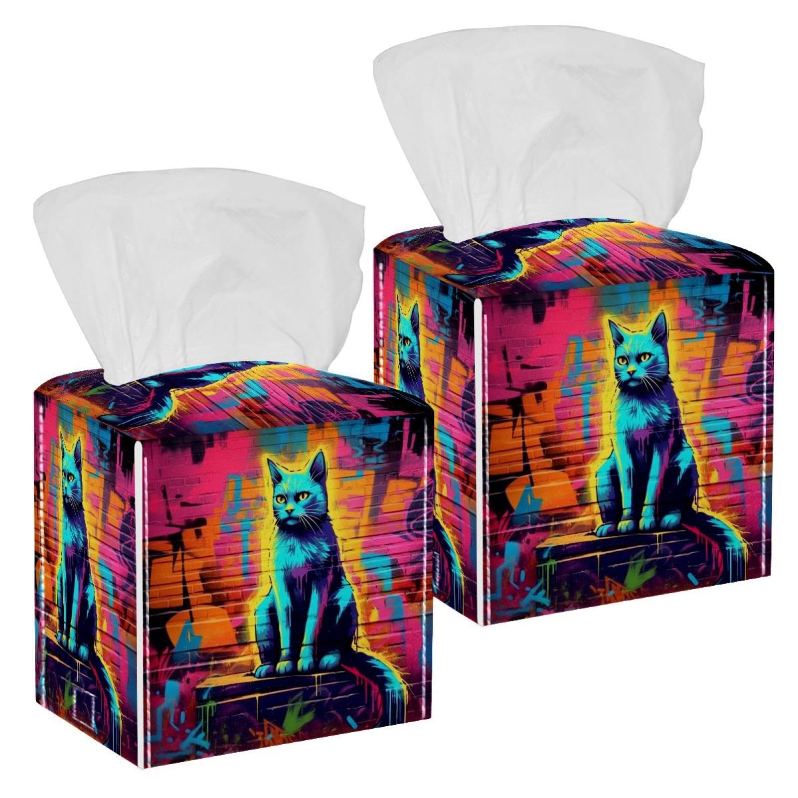Cat Graffiti Tissue Box Cover, 2 Pack PU Leather Square Facial Tissue Dispenser Box holder for Home Office Car