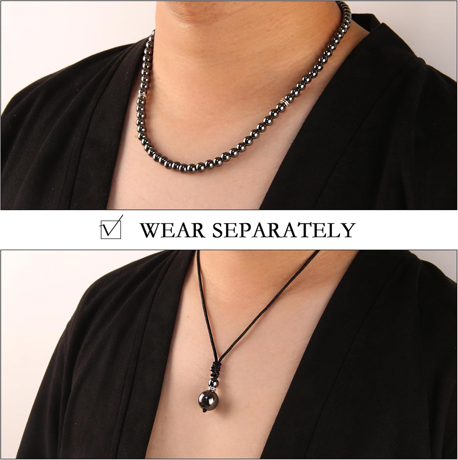 2Pcs Beaded Necklace for Men - Protection Necklace Men Choker Necklaces Obsidian Beads Pendant Jewelry Gifts for Men - Image 2